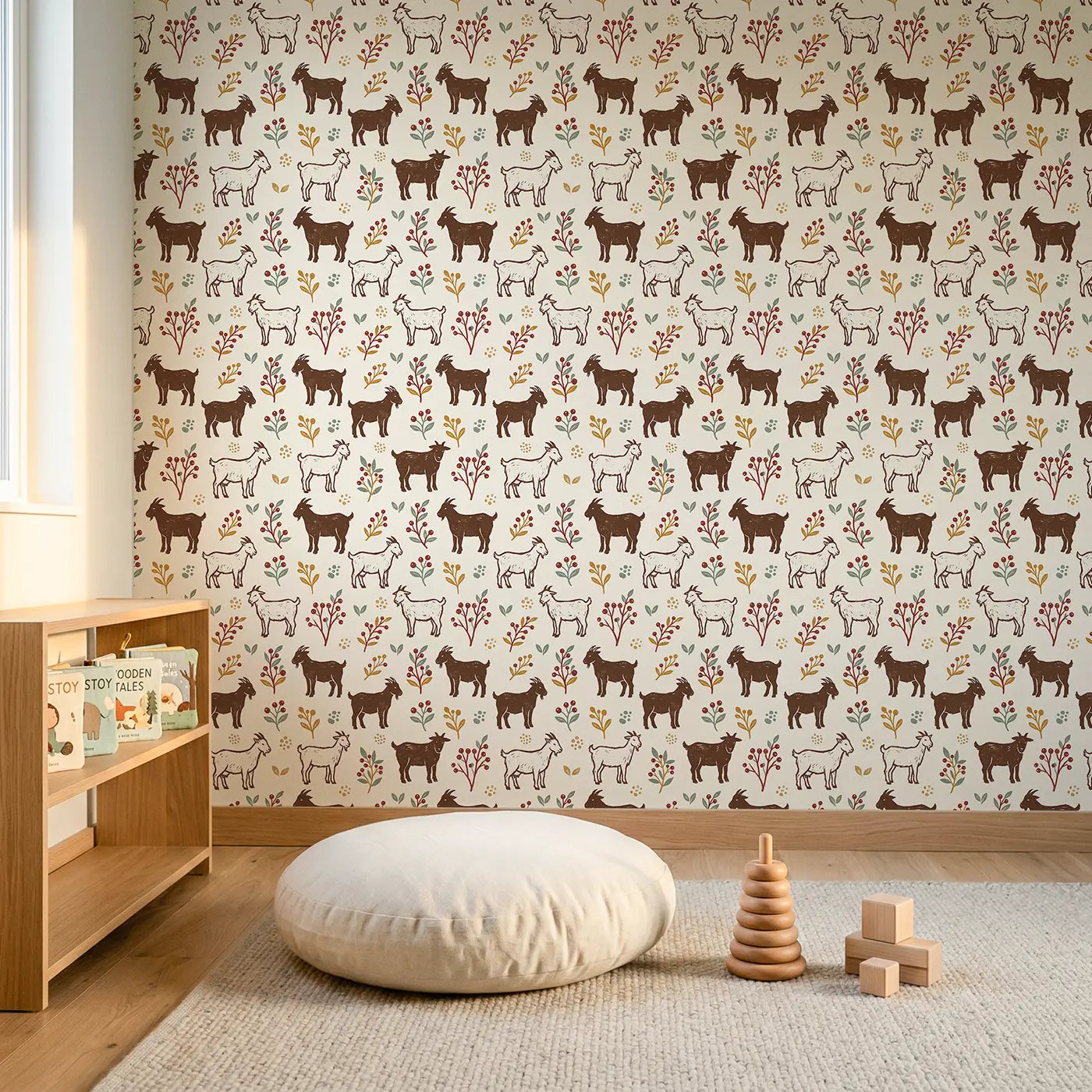 Brown White Goats Block Print II wallpaper in Scandinavian nursery - Whimsy Tots