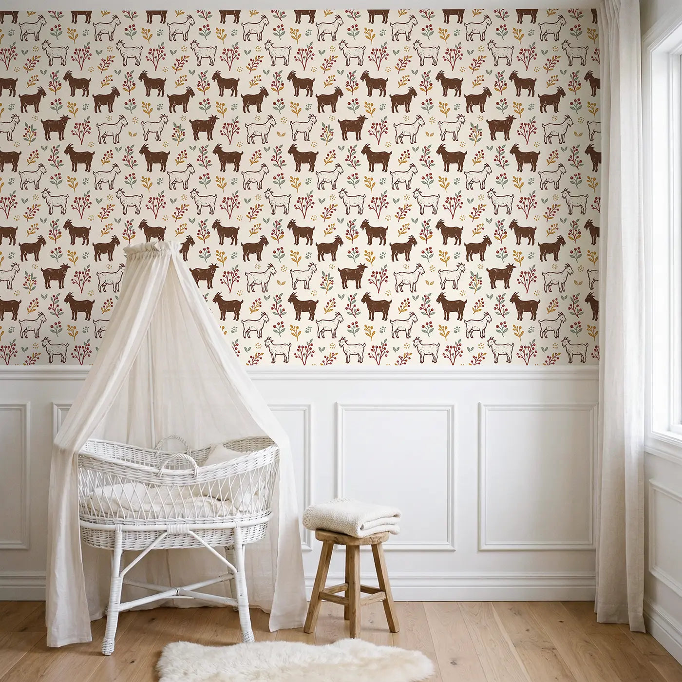 Brown White Goats Block Print II wallpaper above wainscoting - Whimsy Tots