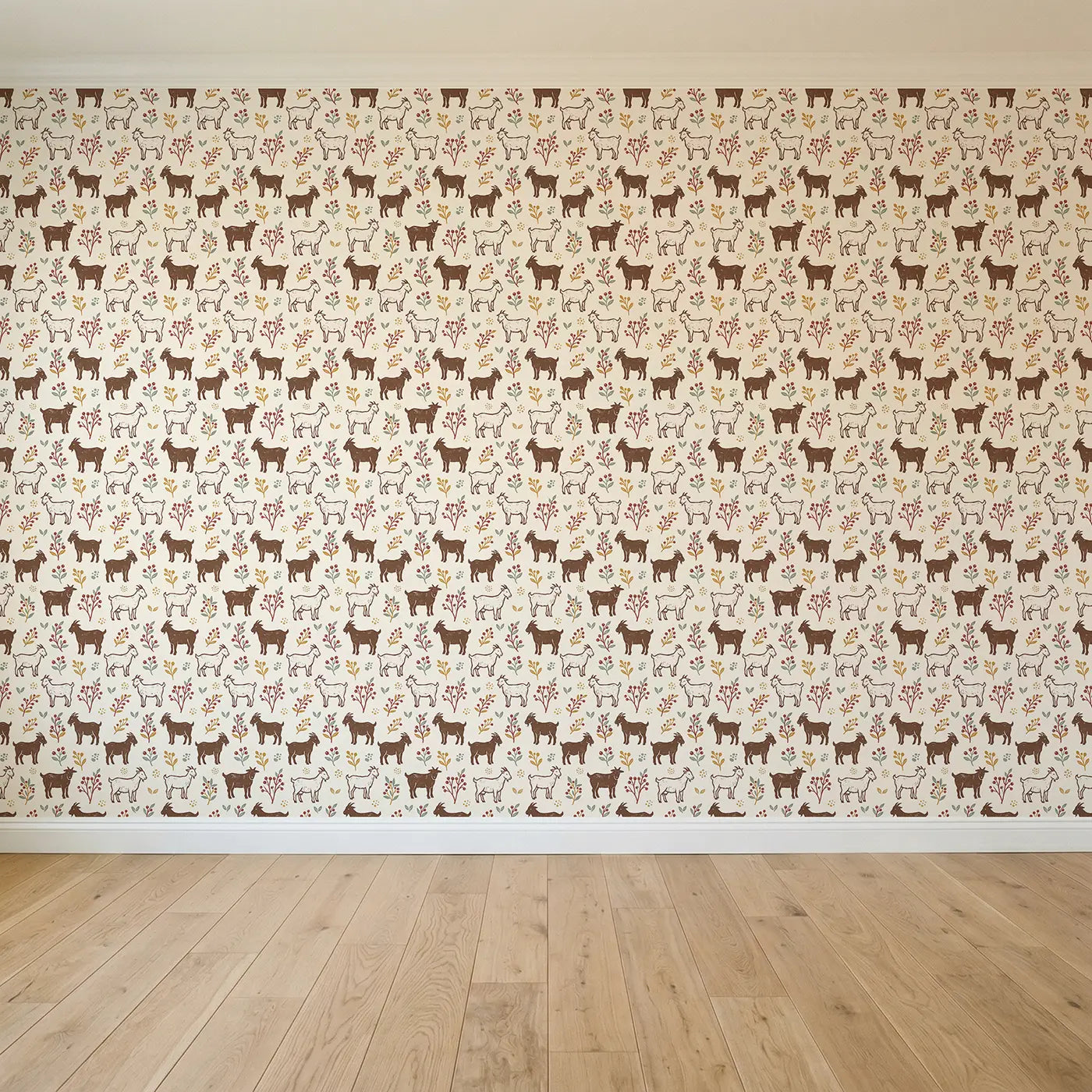 Brown White Goats Block Print II seamless wallpaper full pattern - Whimsy Tots