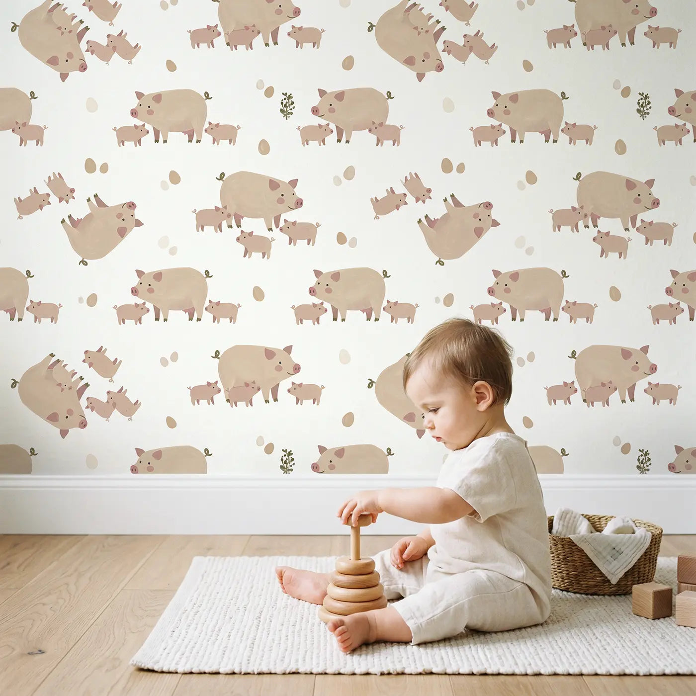 Mama Pig Modern Illustration wallpaper in styled kids room - Whimsy Tots