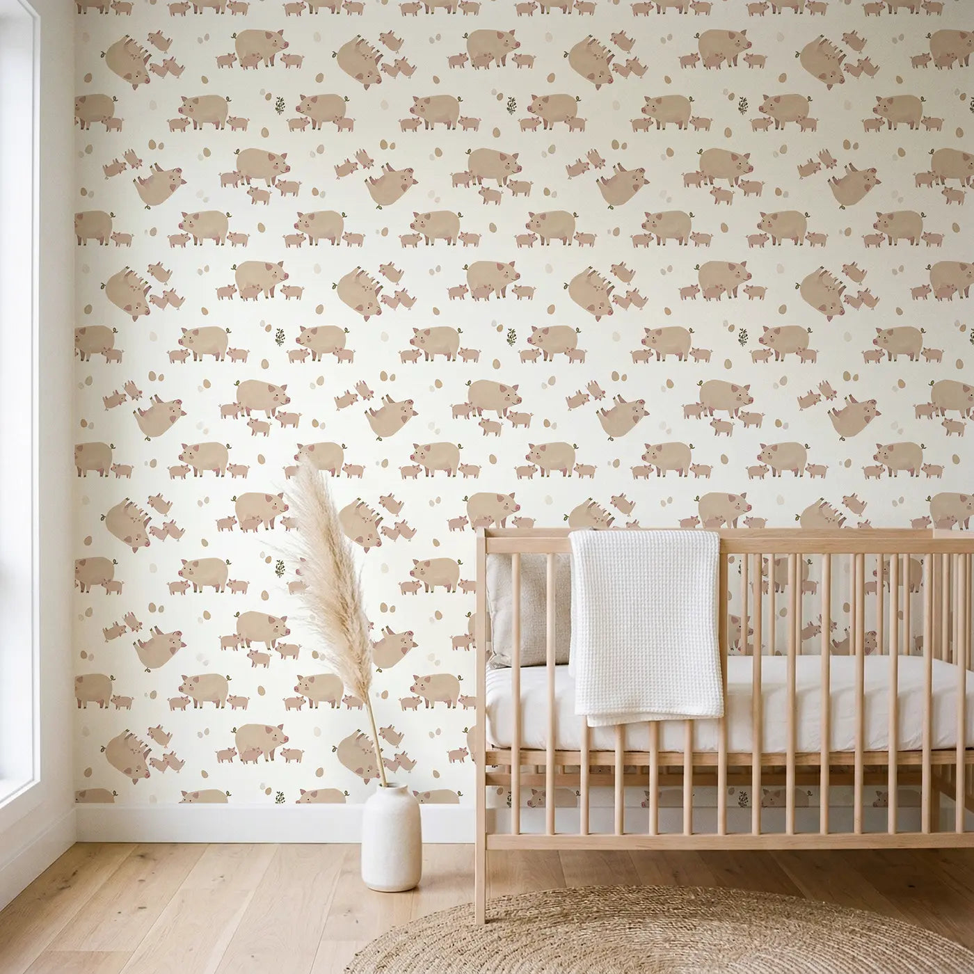 Mama Pig Modern Illustration wallpaper in Scandinavian nursery - Whimsy Tots