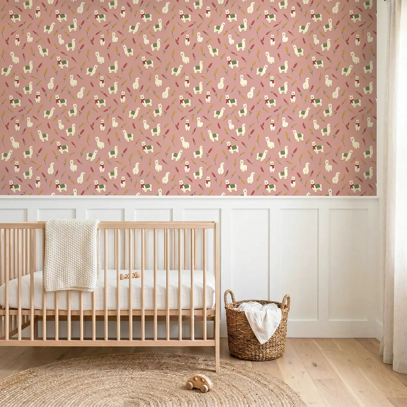 Fluffy Alpacas Modern Illustration II wallpaper above wainscoting - Whimsy Tots