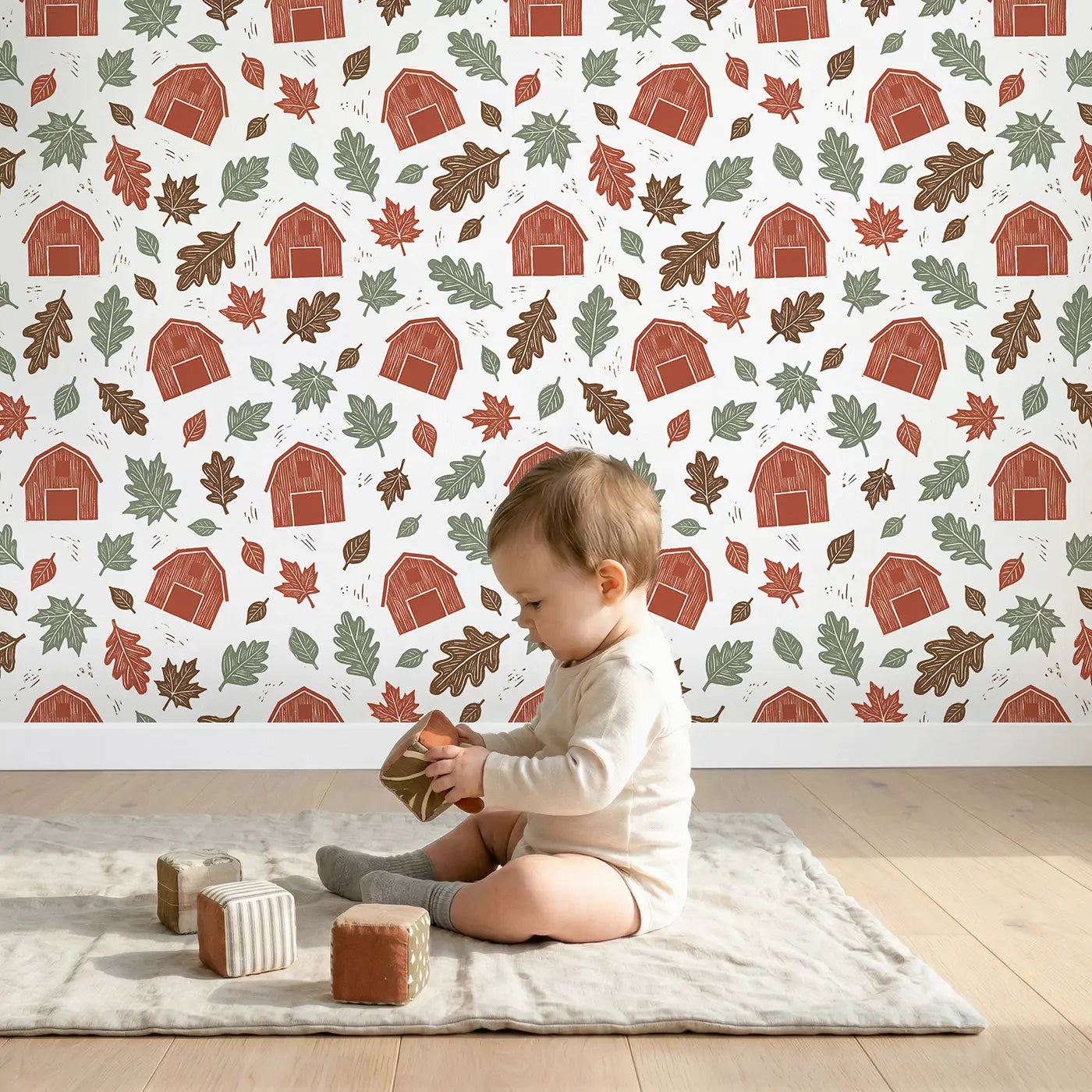 Red Barn Block Print wallpaper in styled kids room - Whimsy Tots