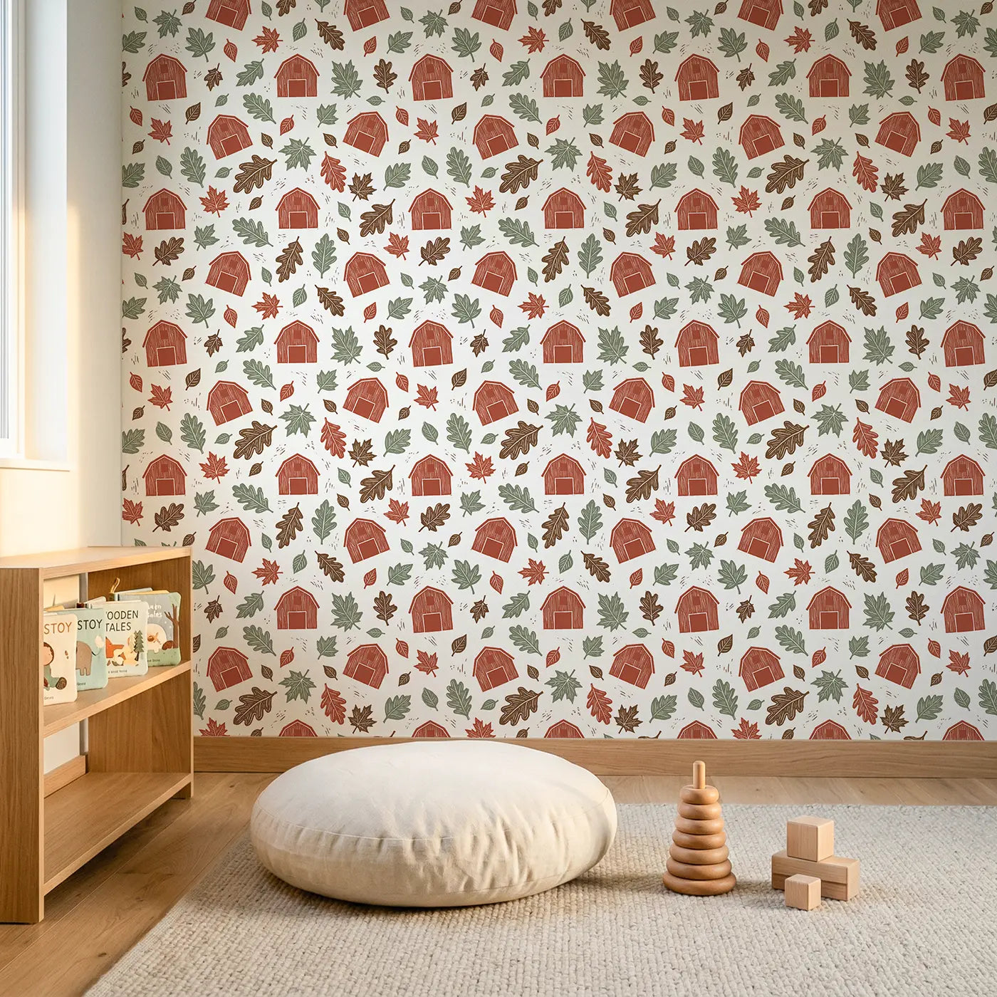 Red Barn Block Print wallpaper in Scandinavian nursery - Whimsy Tots
