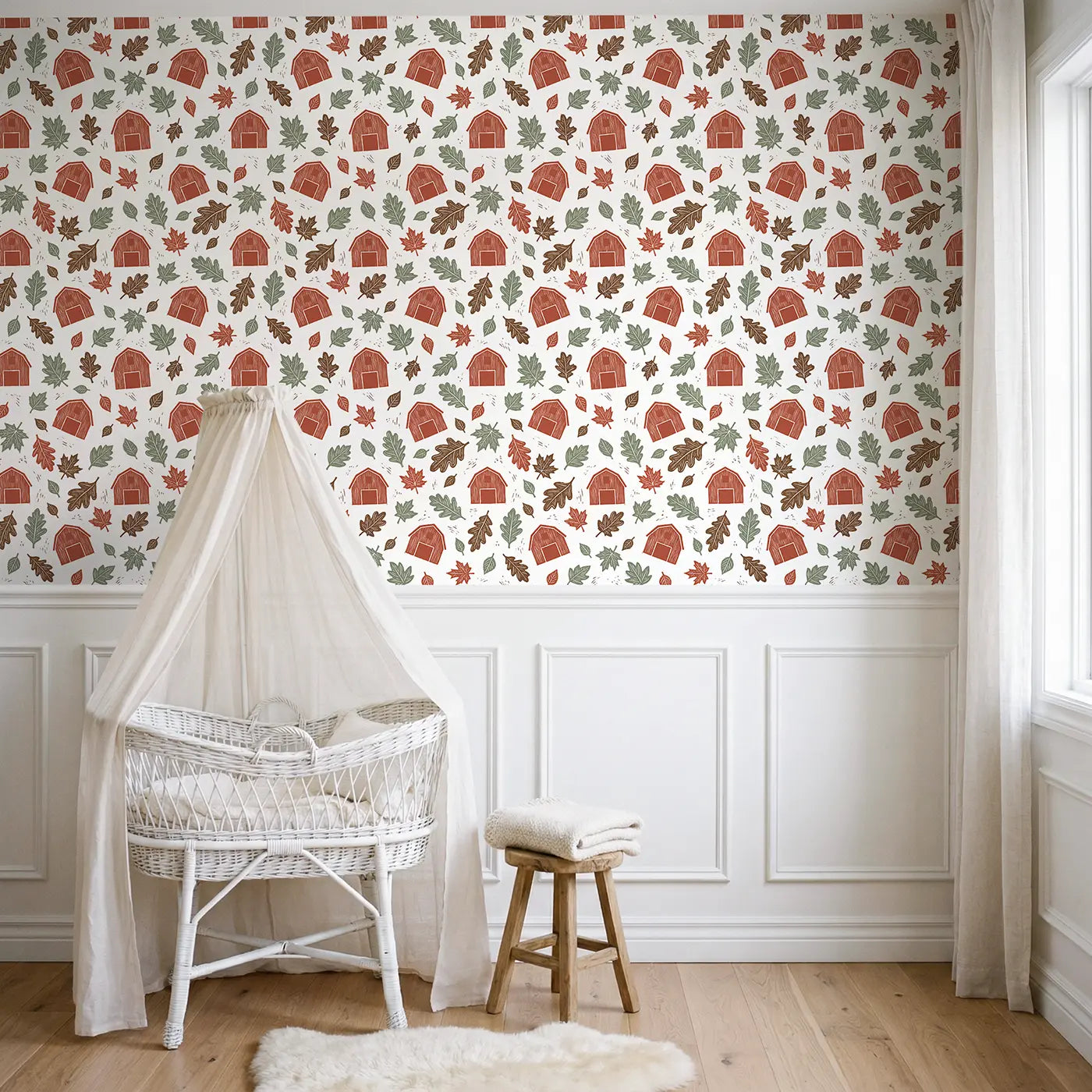 Red Barn Block Print wallpaper above wainscoting - Whimsy Tots