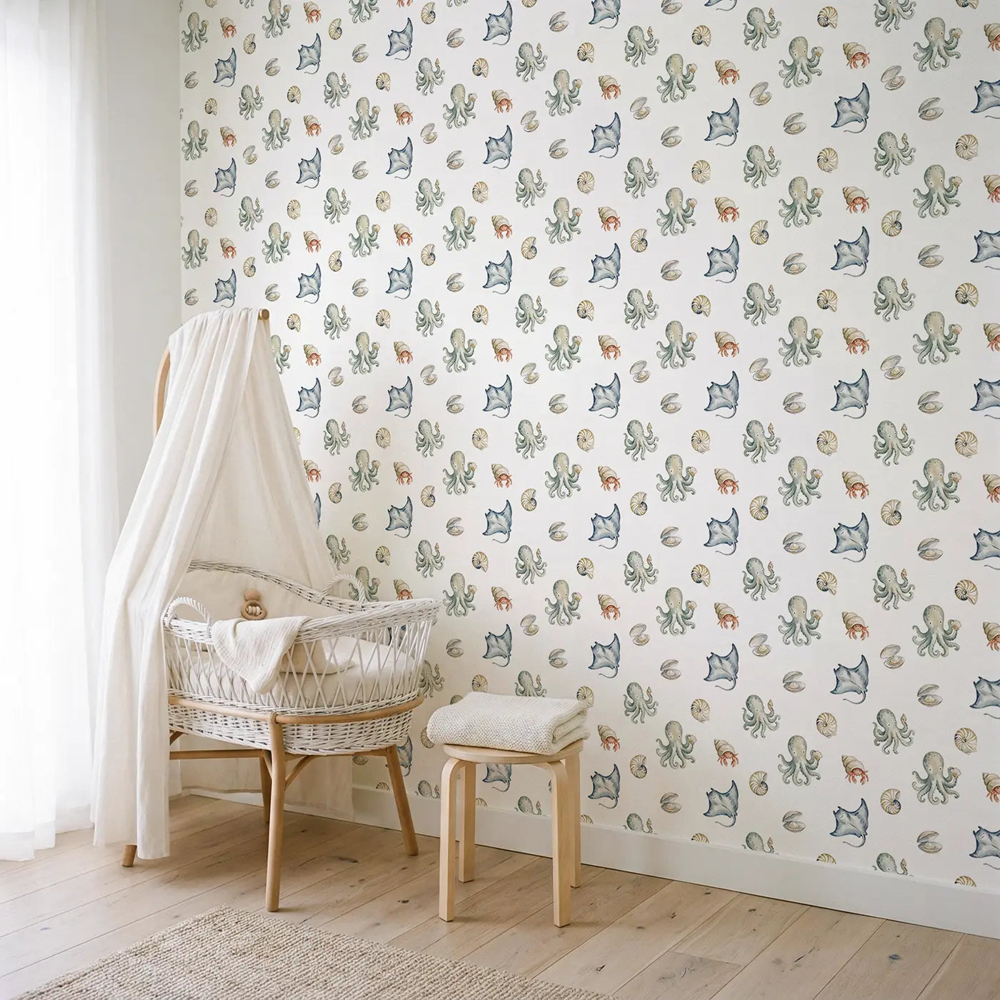 Octopus Holding Tiny Watercolor wallpaper in Scandinavian nursery - Whimsy Tots