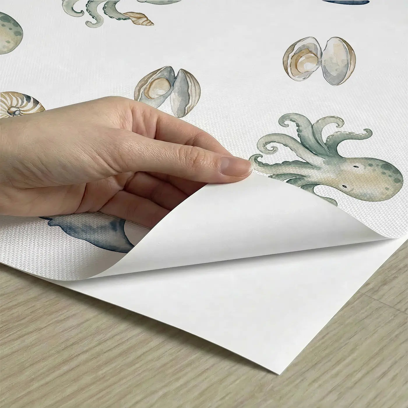 Octopus Holding Tiny Watercolor peel and stick material close-up - Whimsy Tots