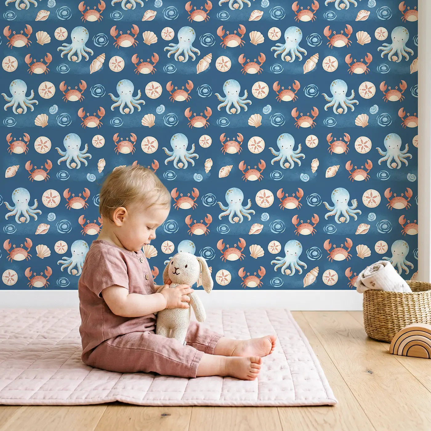 Octopus Holding Tiny Watercolor II wallpaper in styled kids room - Whimsy Tots