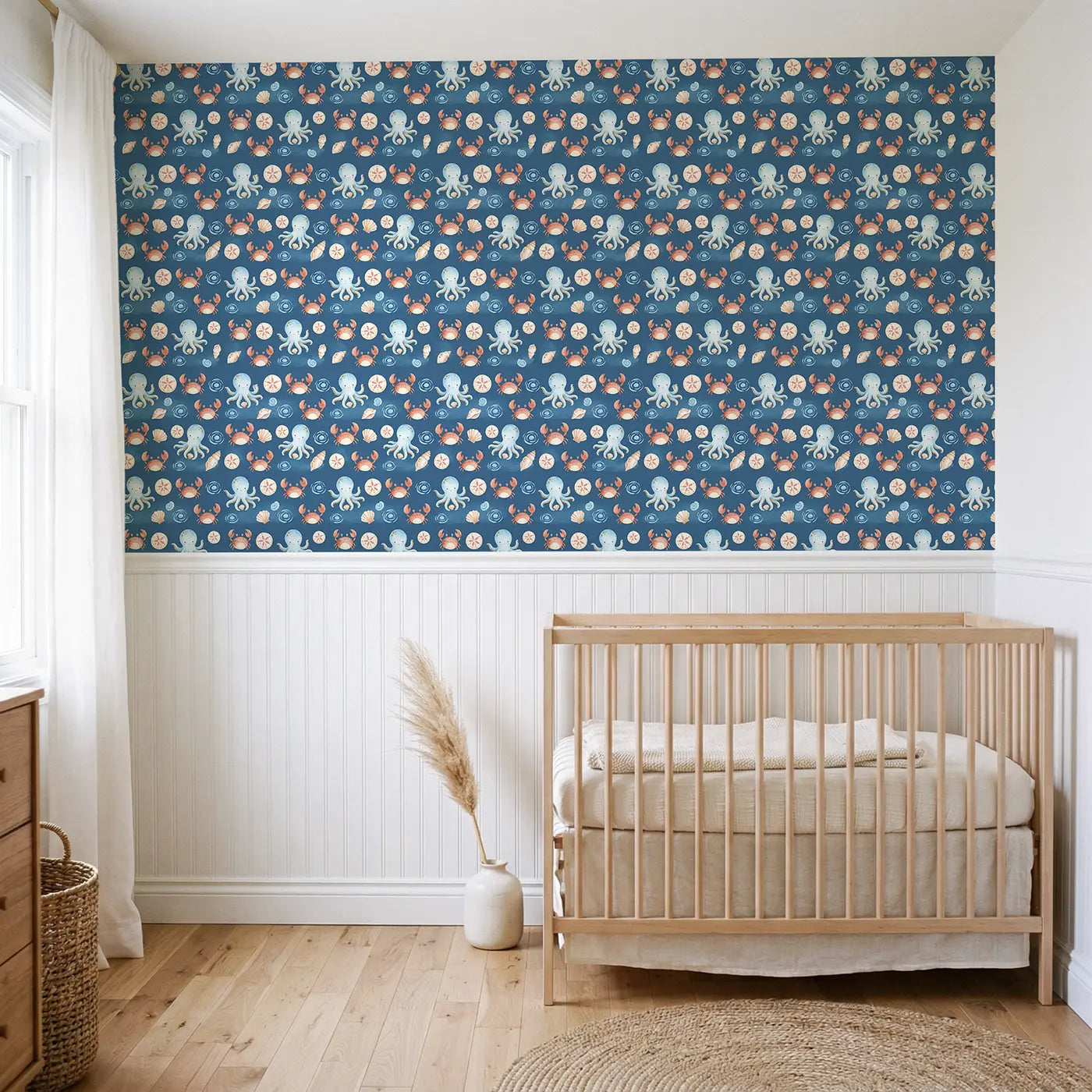 Octopus Holding Tiny Watercolor II wallpaper above wainscoting - Whimsy Tots