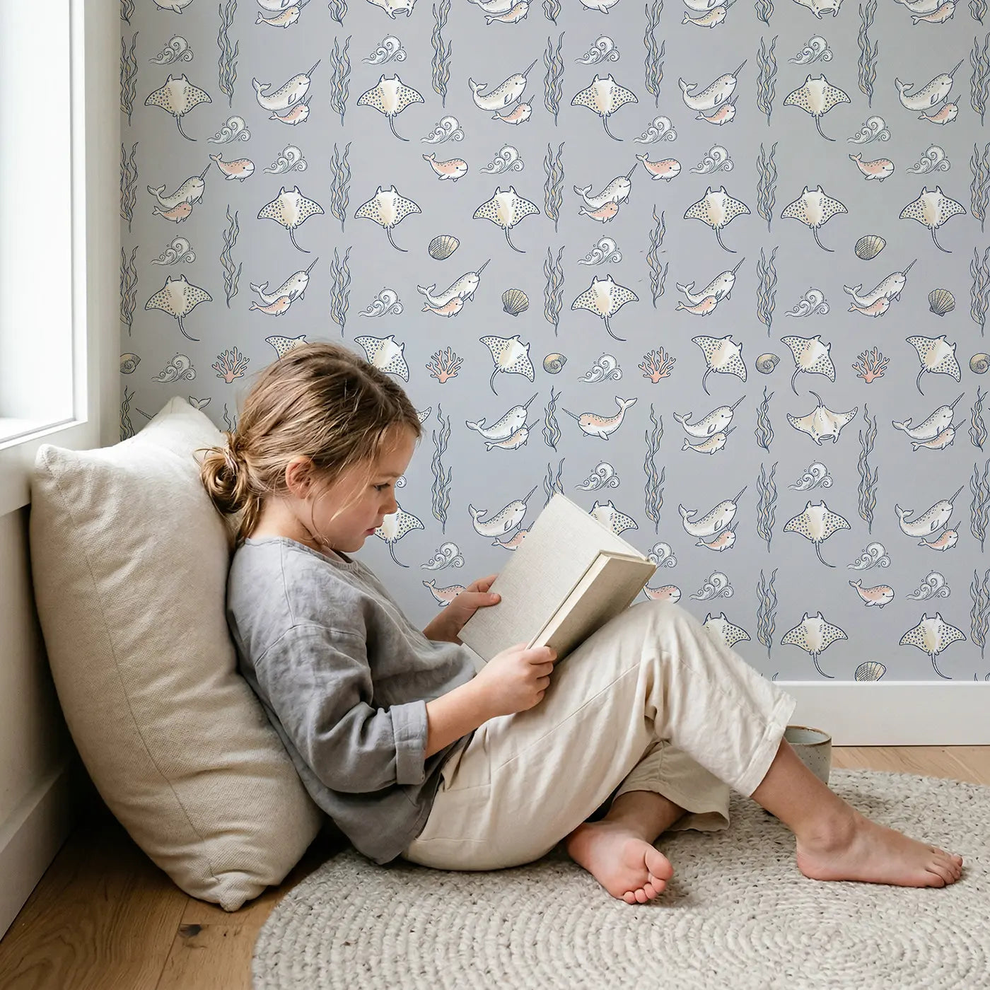 Baby Manta Ray Hand-Drawn wallpaper in styled kids room - Whimsy Tots