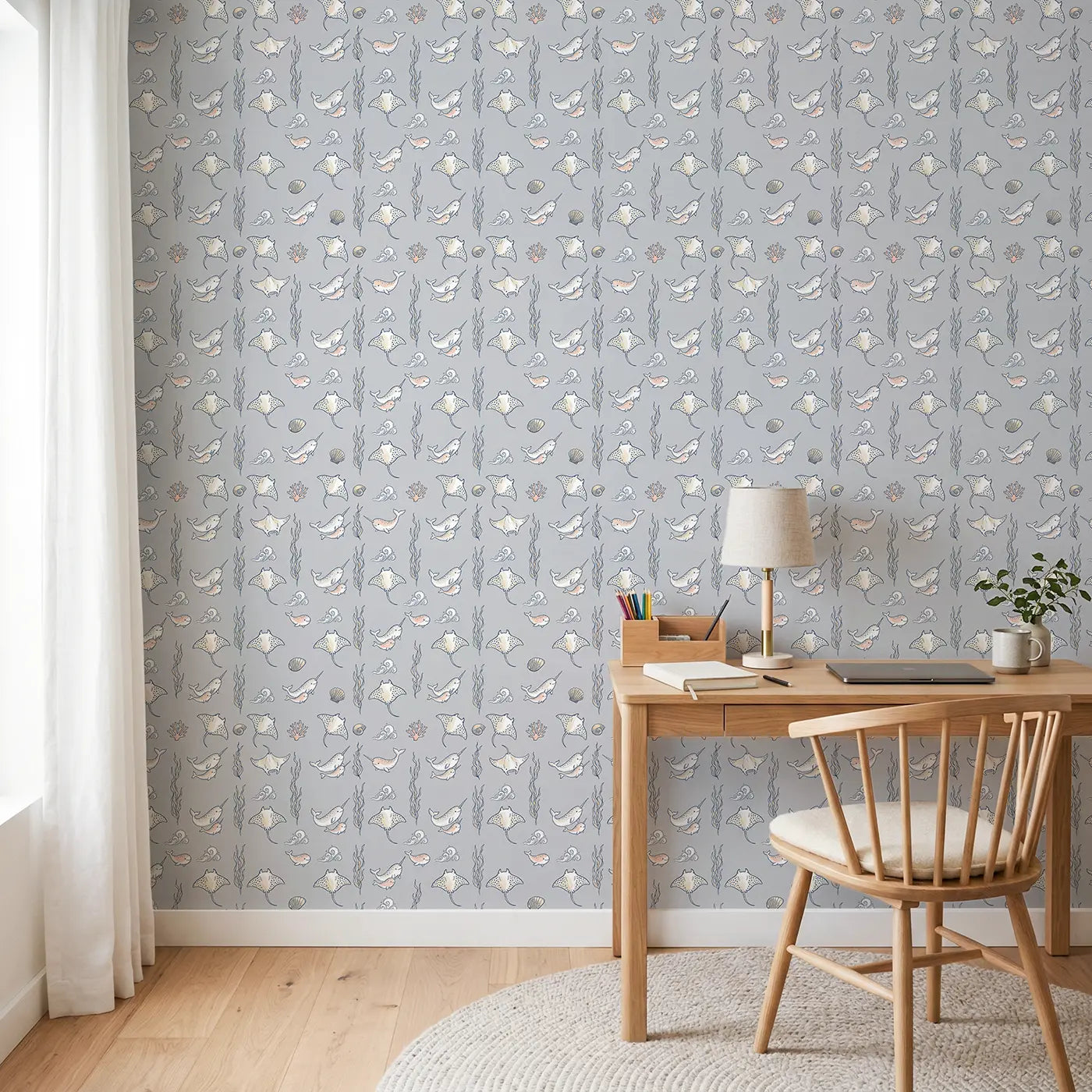 Baby Manta Ray Hand-Drawn wallpaper in Scandinavian nursery - Whimsy Tots