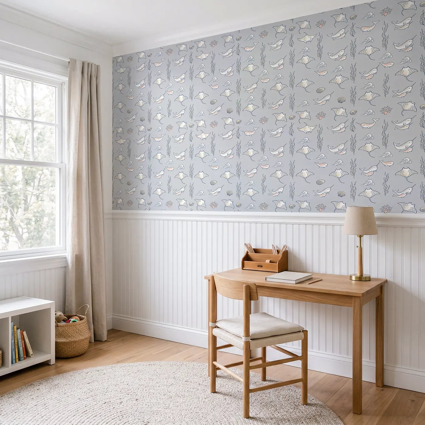 Baby Manta Ray Hand-Drawn wallpaper above wainscoting - Whimsy Tots
