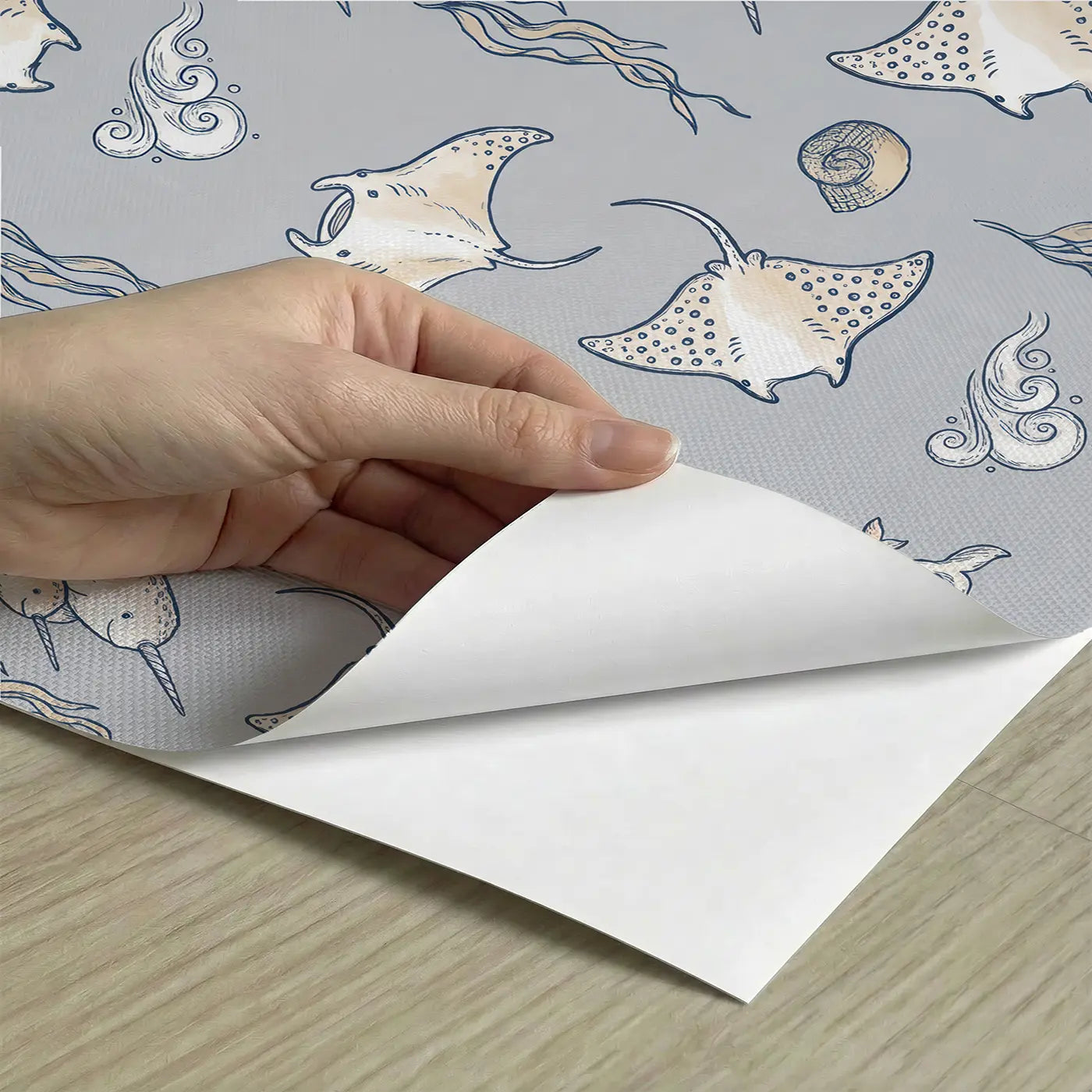 Baby Manta Ray Hand-Drawn peel and stick material close-up - Whimsy Tots