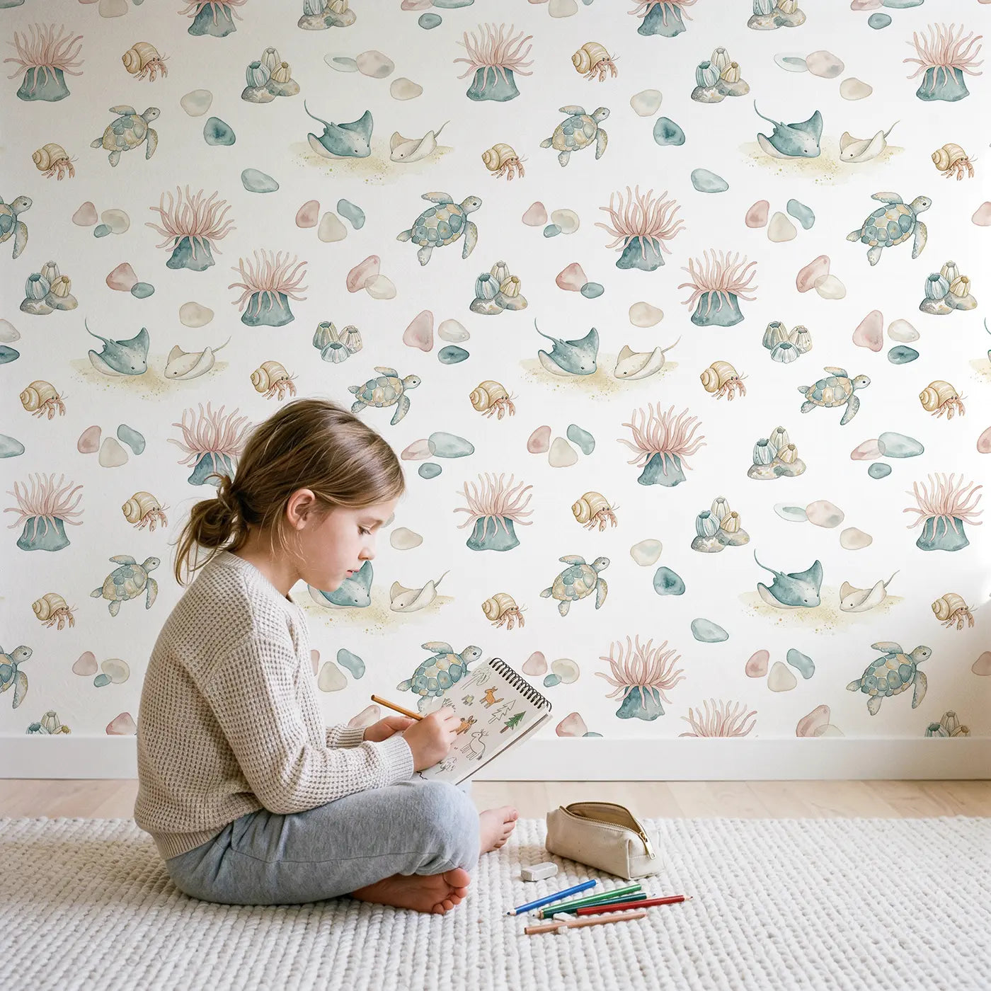 Stingray Resting Watercolor wallpaper in styled kids room - Whimsy Tots