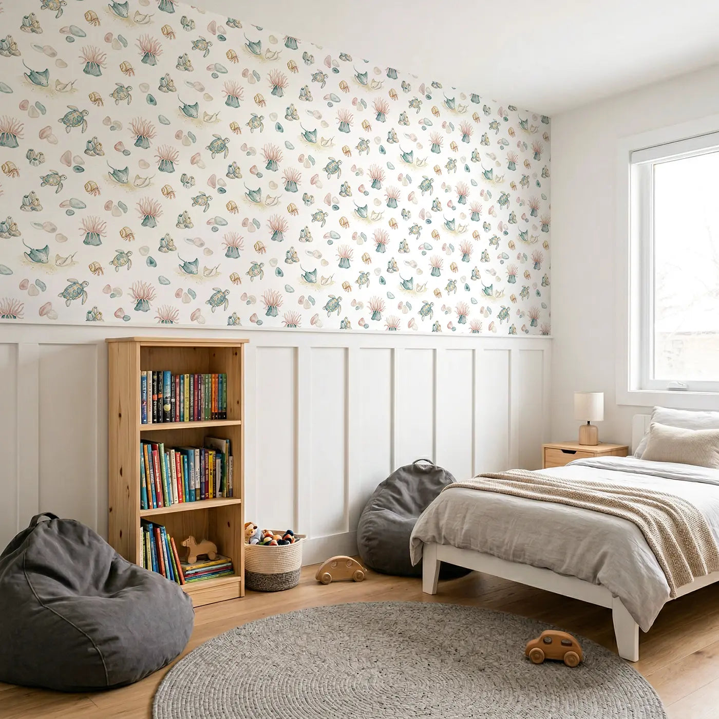 Stingray Resting Watercolor wallpaper above wainscoting - Whimsy Tots