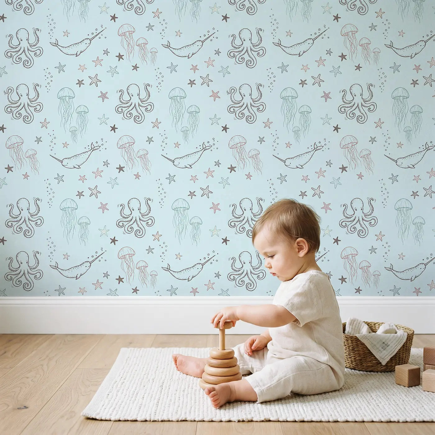 Playful Octopus Hand-Drawn wallpaper in styled kids room - Whimsy Tots