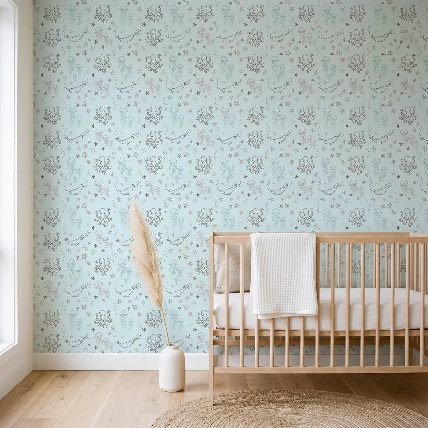 Playful Octopus Hand-Drawn wallpaper in Scandinavian nursery - Whimsy Tots