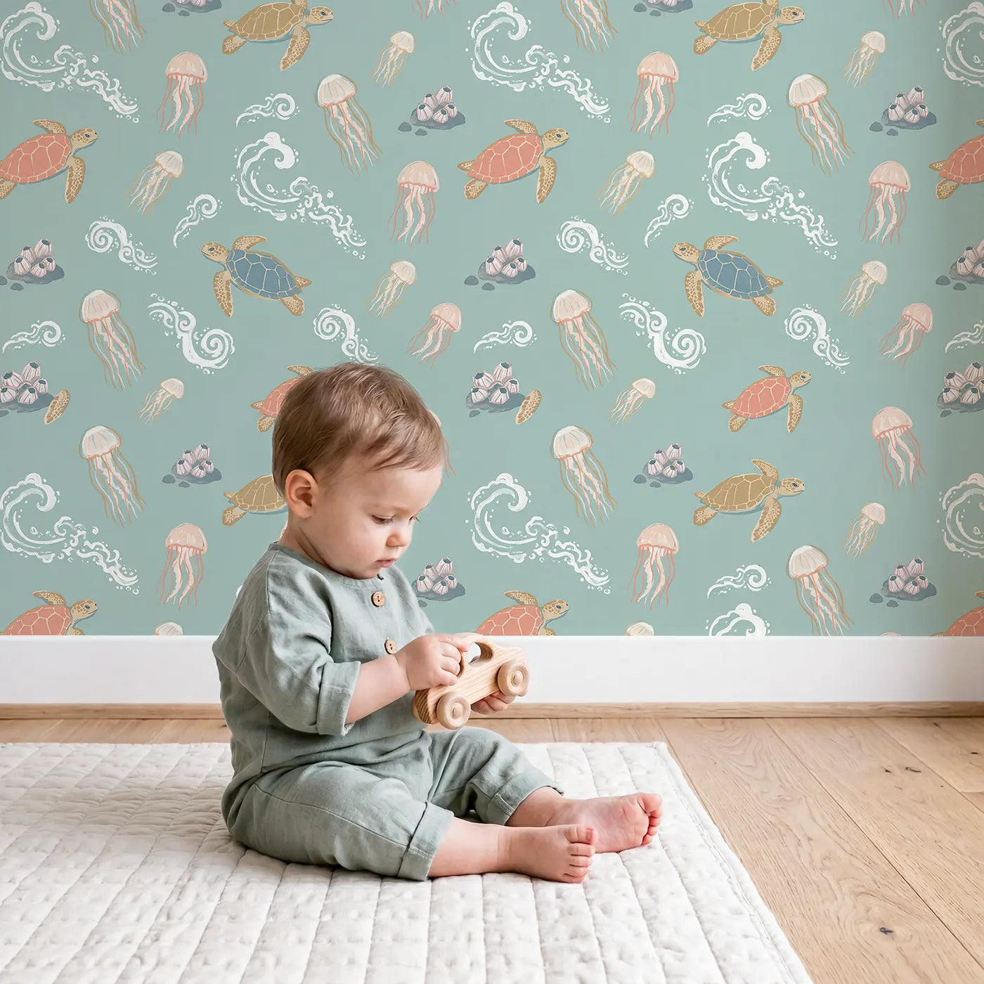 Loggerhead Turtle Modern Illustration wallpaper in styled kids room - Whimsy Tots