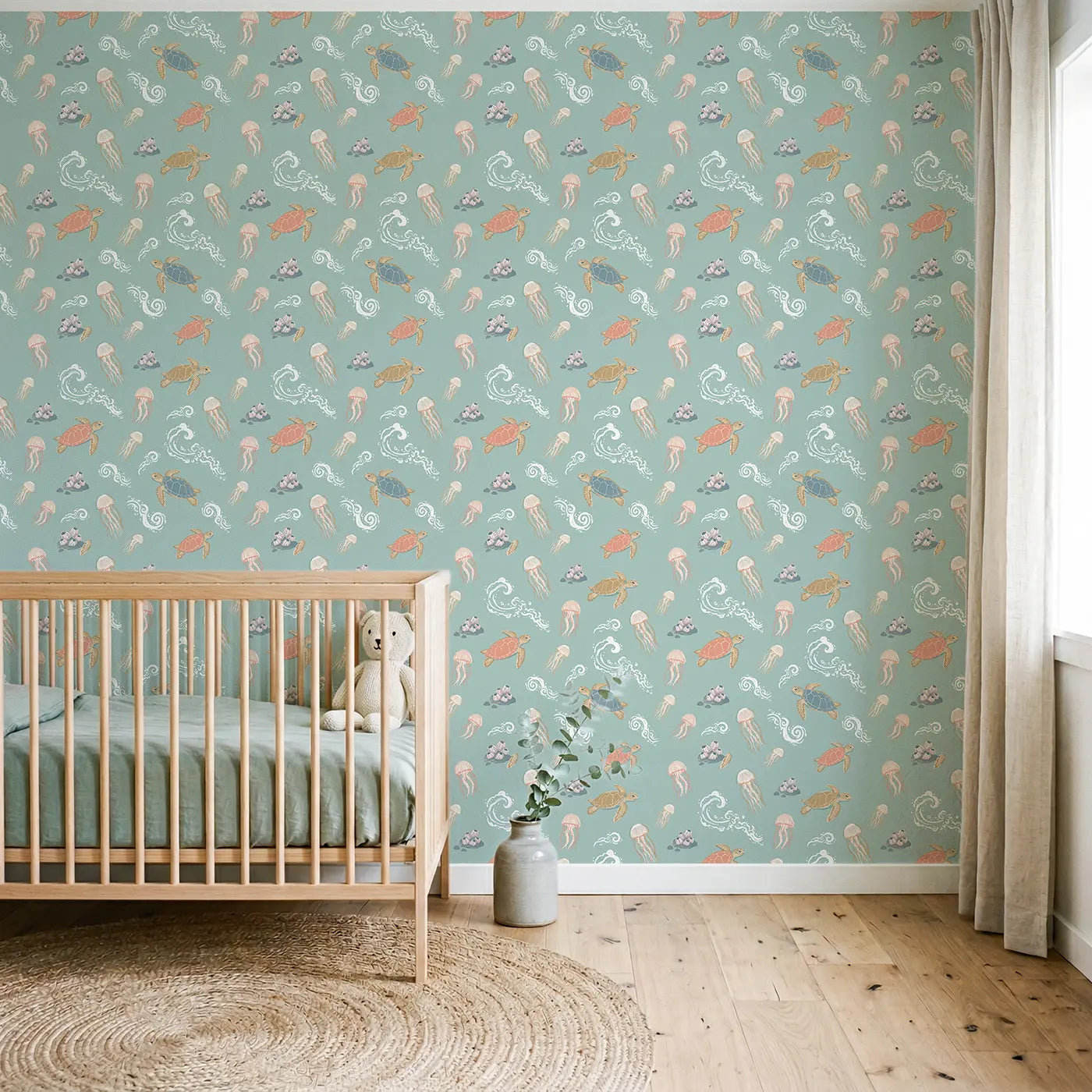 Loggerhead Turtle Modern Illustration wallpaper in Scandinavian nursery - Whimsy Tots
