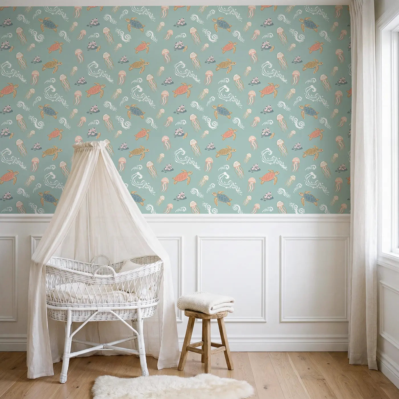 Loggerhead Turtle Modern Illustration wallpaper above wainscoting - Whimsy Tots