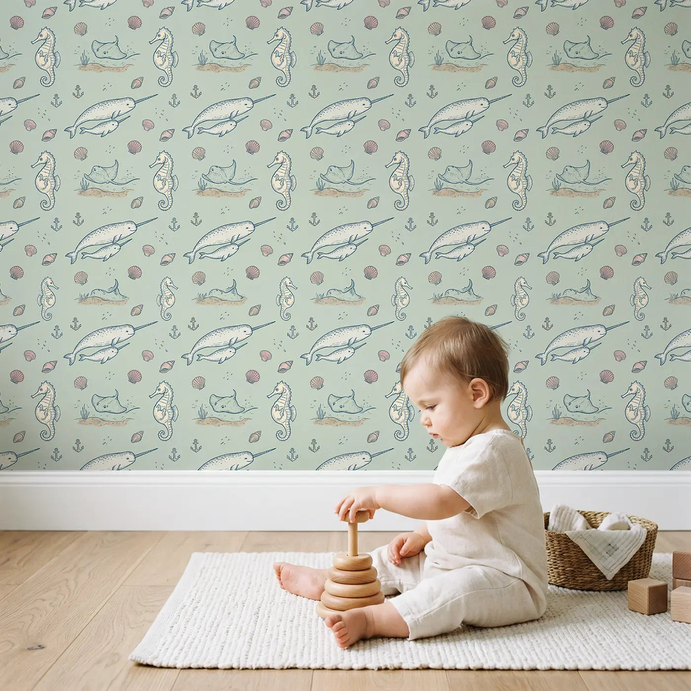 Baby Narwhal Hand-Drawn wallpaper in styled kids room - Whimsy Tots