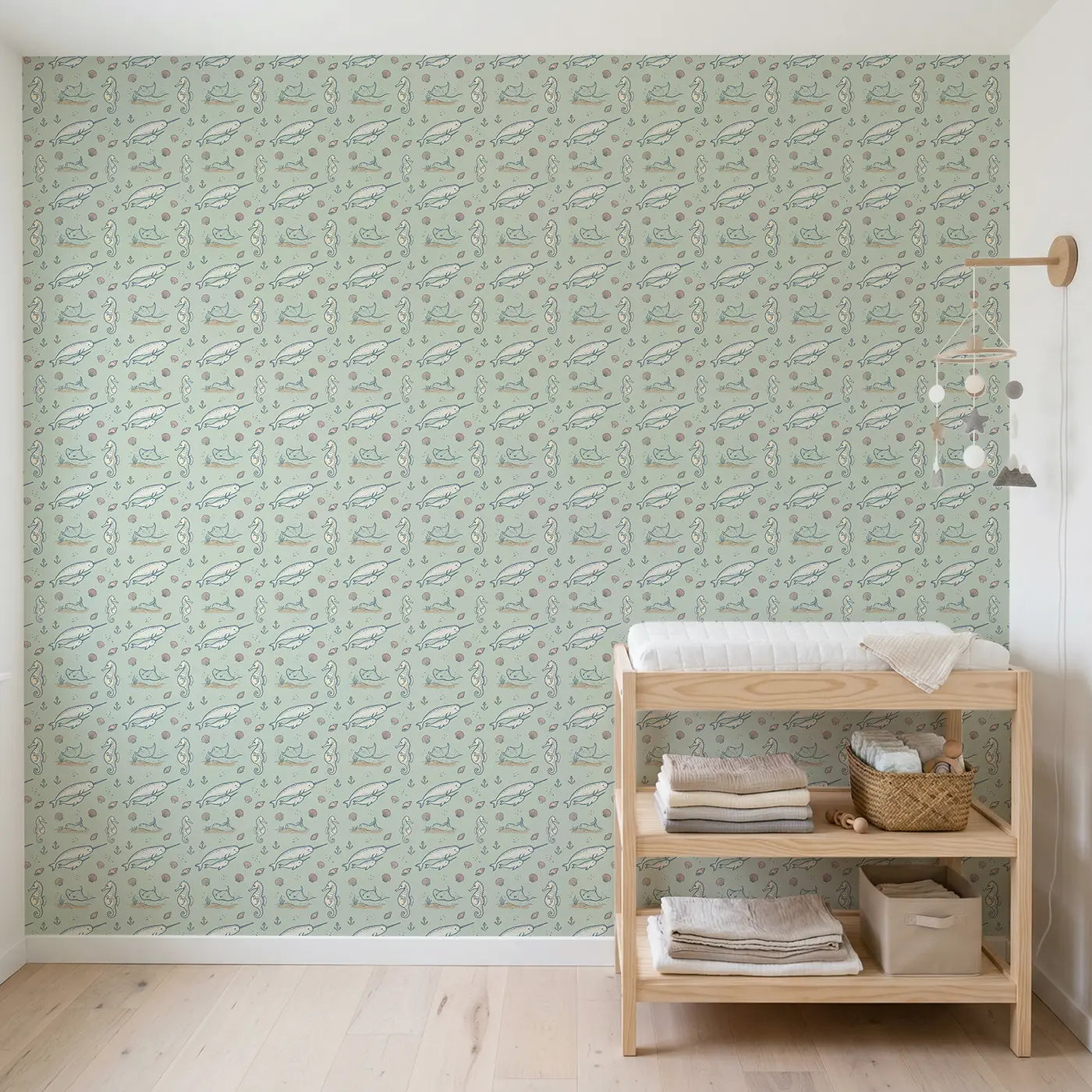 Baby Narwhal Hand-Drawn wallpaper in Scandinavian nursery - Whimsy Tots