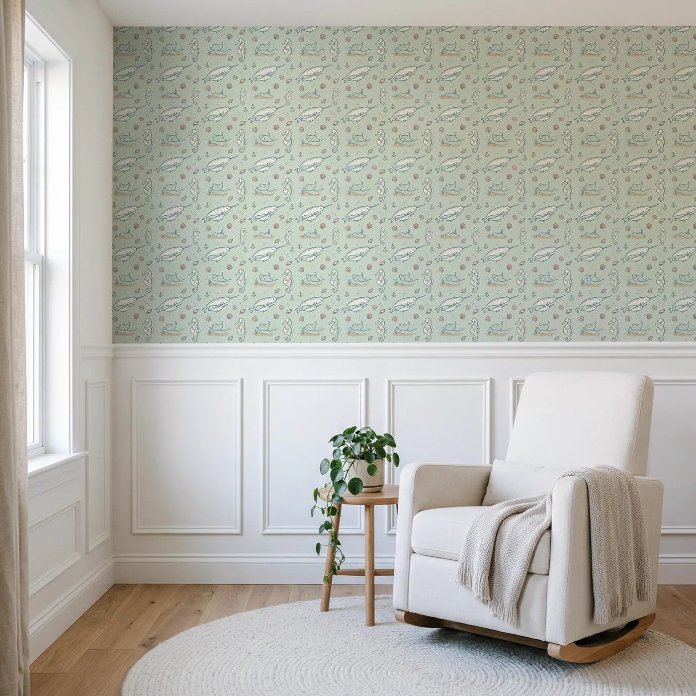 Baby Narwhal Hand-Drawn wallpaper above wainscoting - Whimsy Tots
