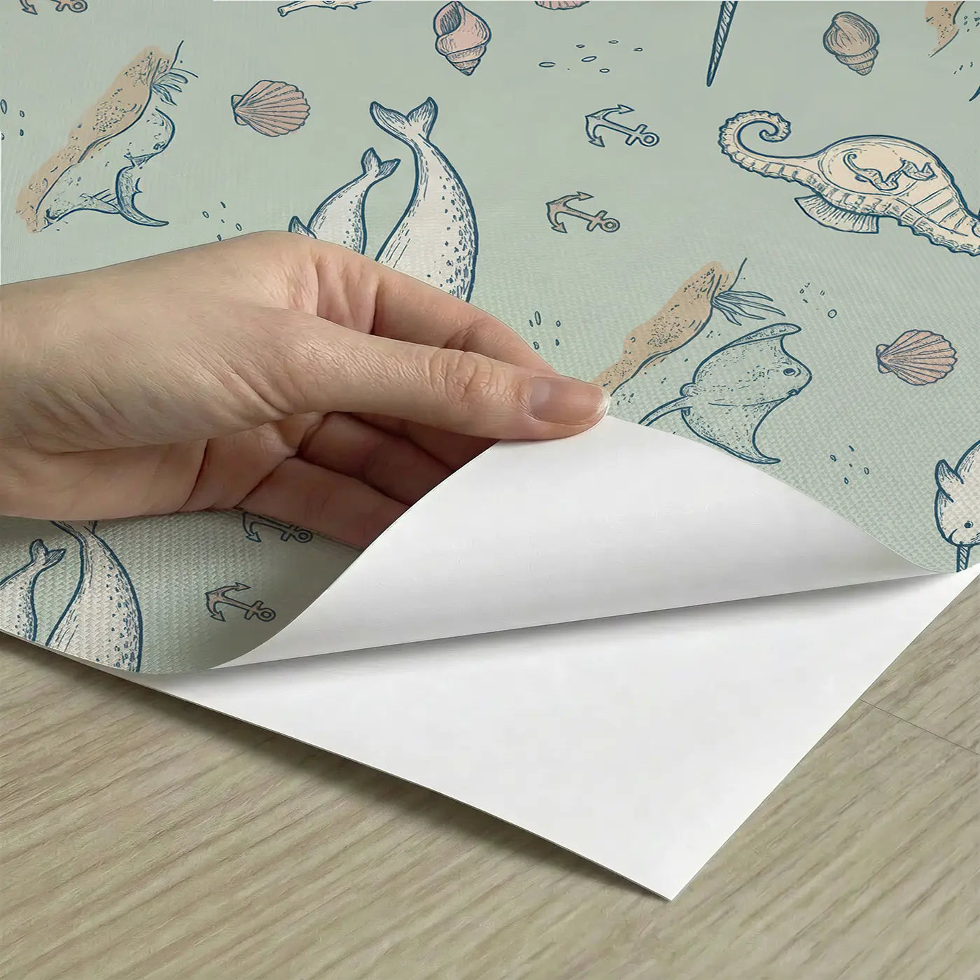 Baby Narwhal Hand-Drawn peel and stick material close-up - Whimsy Tots