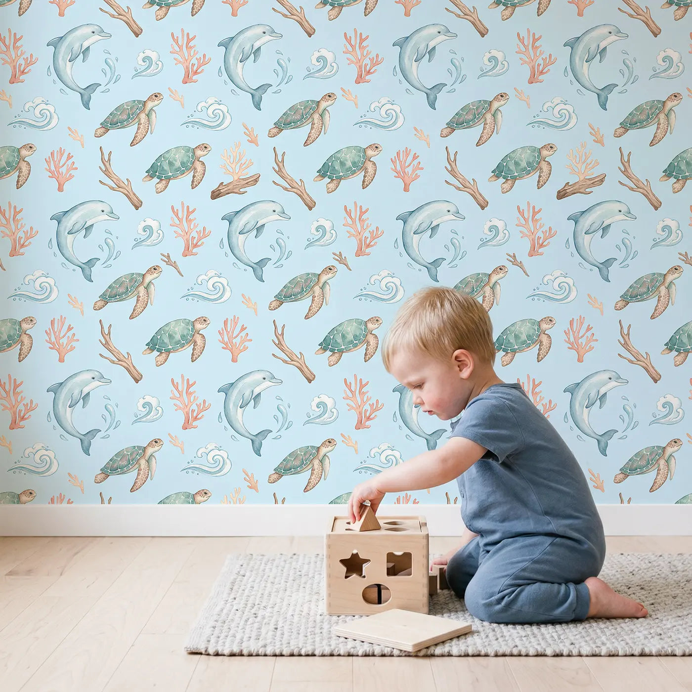 Dolphin Doing Spin Watercolor wallpaper in styled kids room - Whimsy Tots