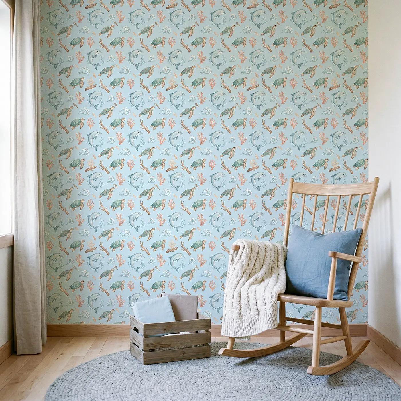 Dolphin Doing Spin Watercolor wallpaper in Scandinavian nursery - Whimsy Tots
