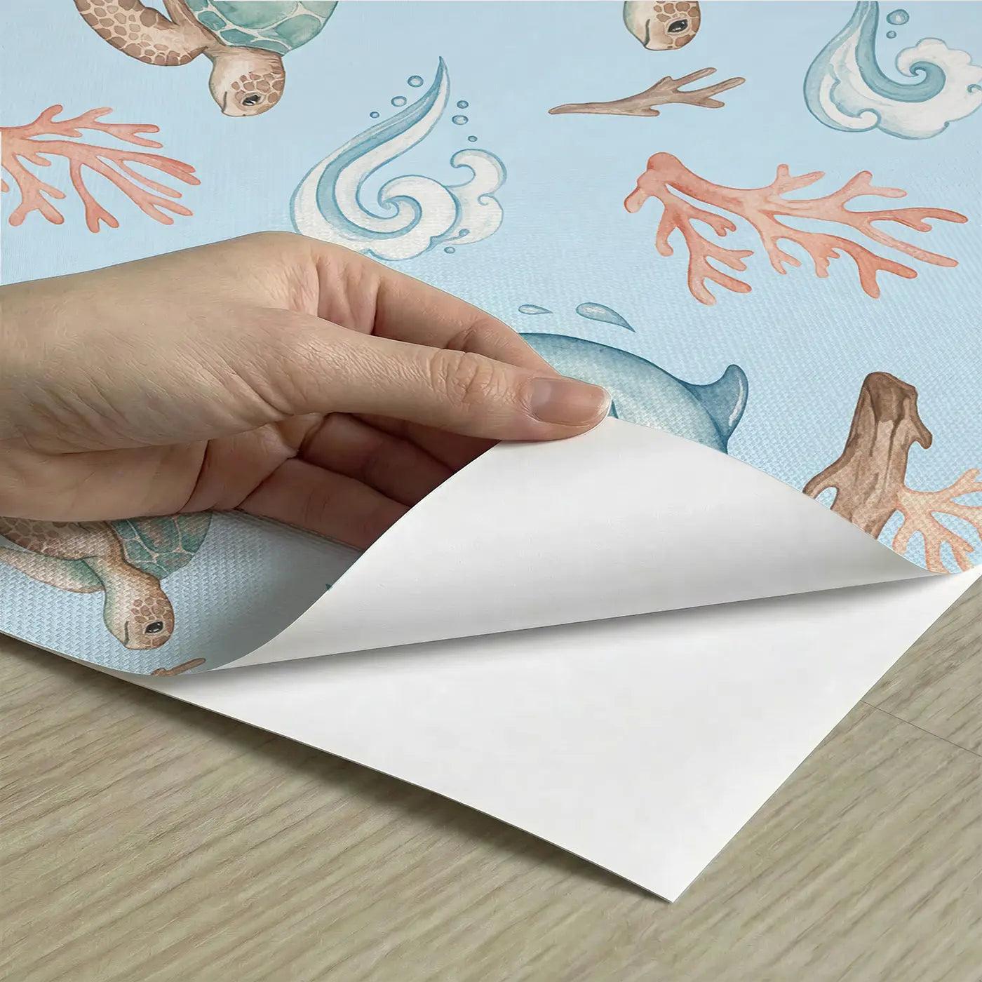 Dolphin Doing Spin Watercolor peel and stick material close-up - Whimsy Tots