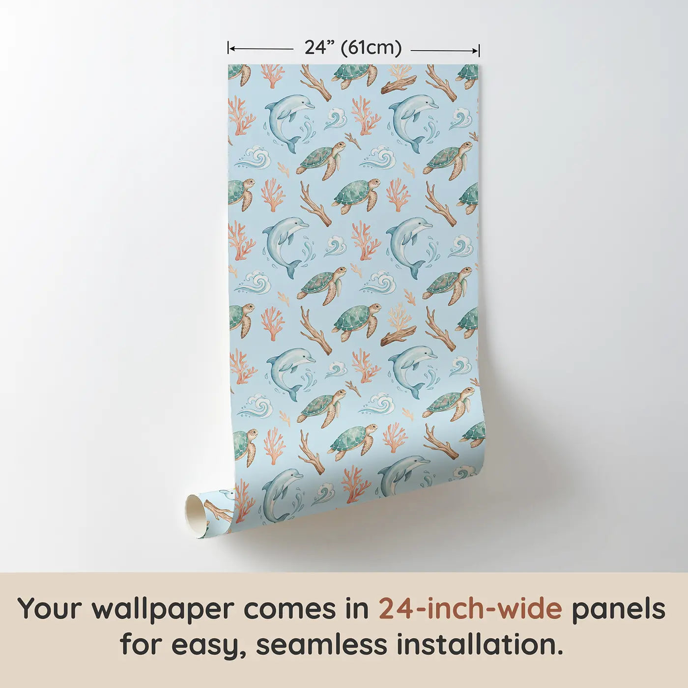 Dolphin Doing Spin Watercolor wallpaper panel dimensions - Whimsy Tots