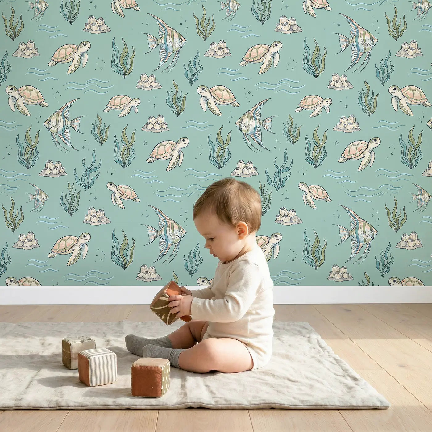 Angelfish Striped Hand-Drawn wallpaper in styled kids room - Whimsy Tots