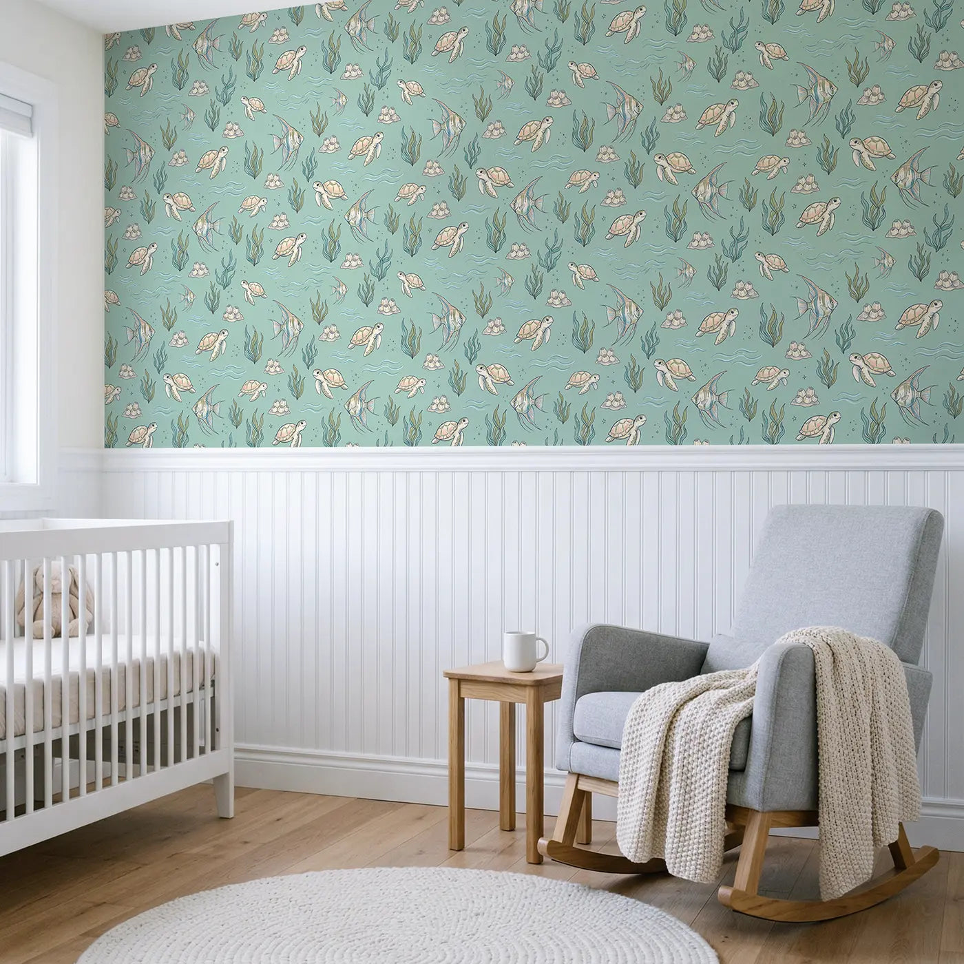 Angelfish Striped Hand-Drawn wallpaper above wainscoting - Whimsy Tots