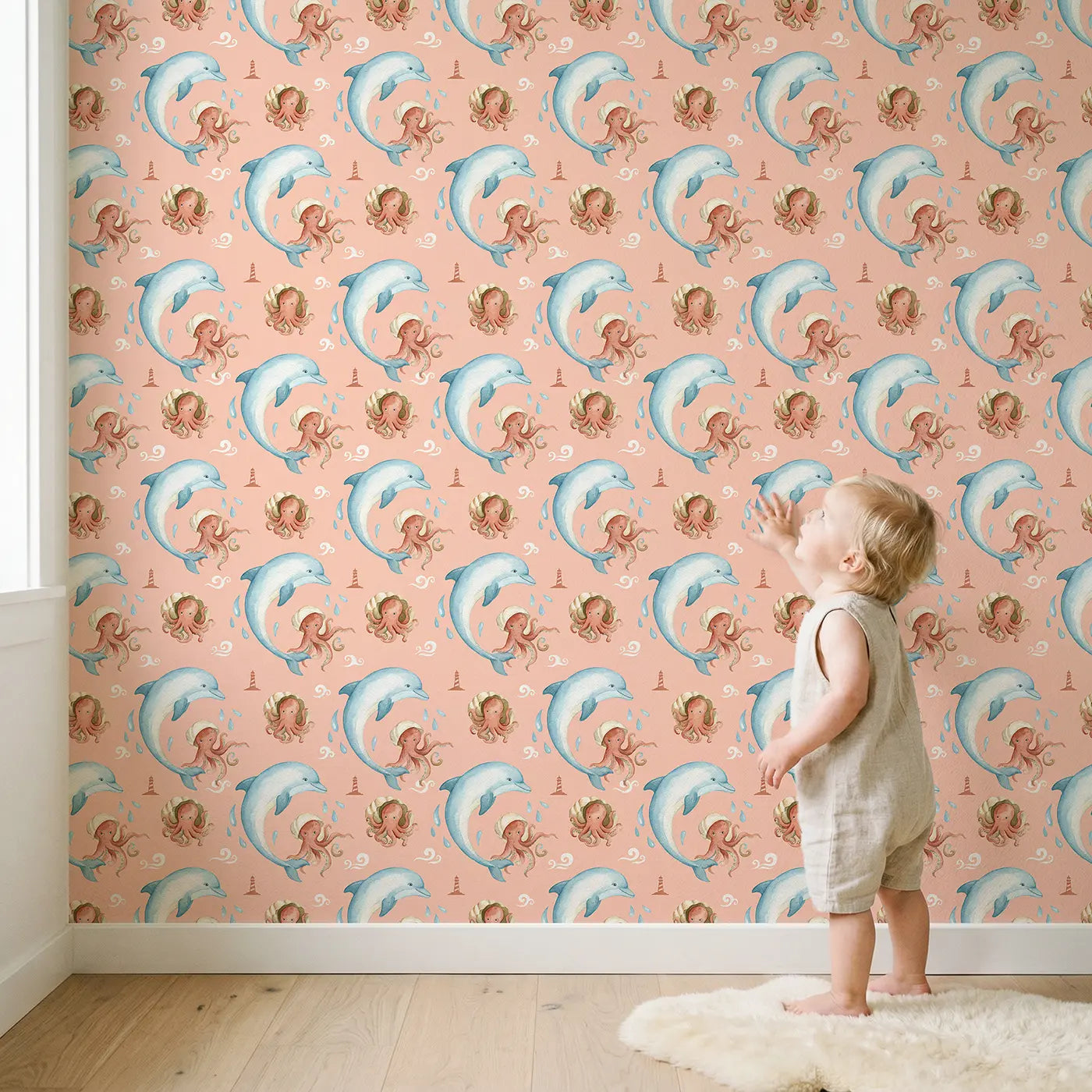 Dolphin Doing Spin Watercolor II wallpaper in styled kids room - Whimsy Tots