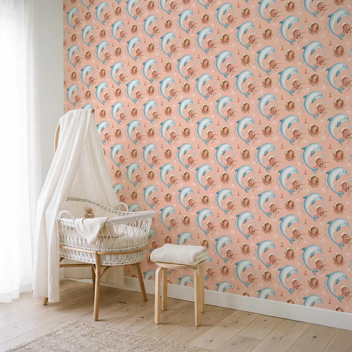 Dolphin Doing Spin Watercolor II wallpaper in Scandinavian nursery - Whimsy Tots