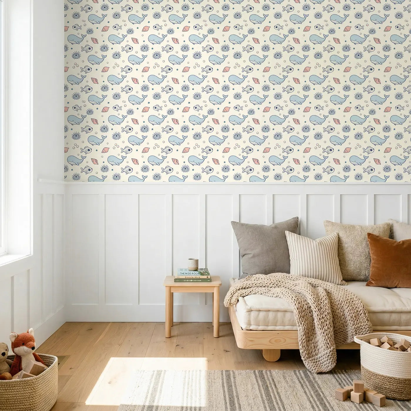 Little Fish Hand-Drawn wallpaper above wainscoting - Whimsy Tots