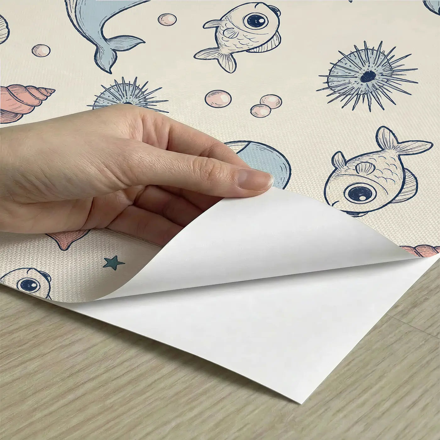 Little Fish Hand-Drawn peel and stick material close-up - Whimsy Tots