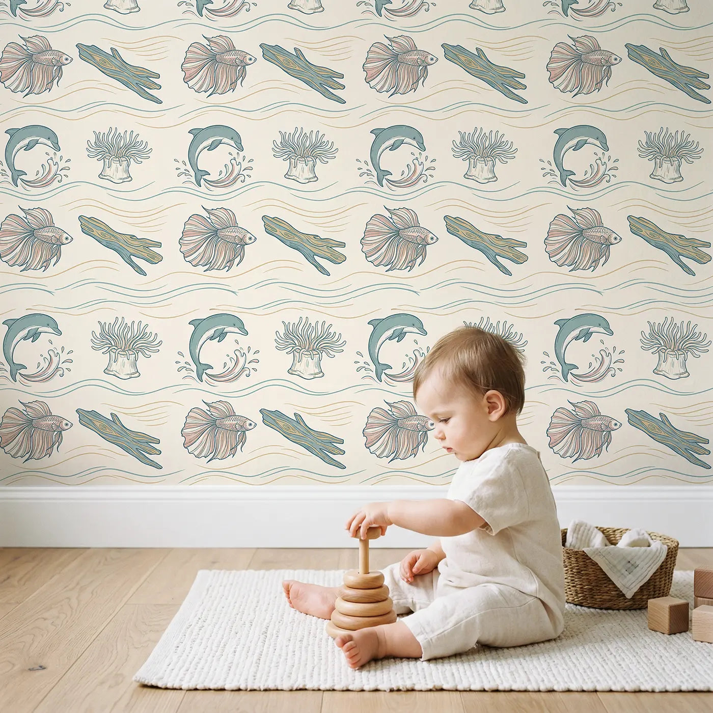 Dolphin Doing Hand-Drawn wallpaper in styled kids room - Whimsy Tots