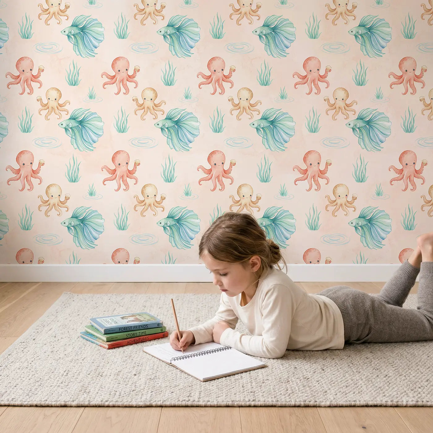 Octopus Holding Tiny Watercolor III wallpaper in styled kids room - Whimsy Tots