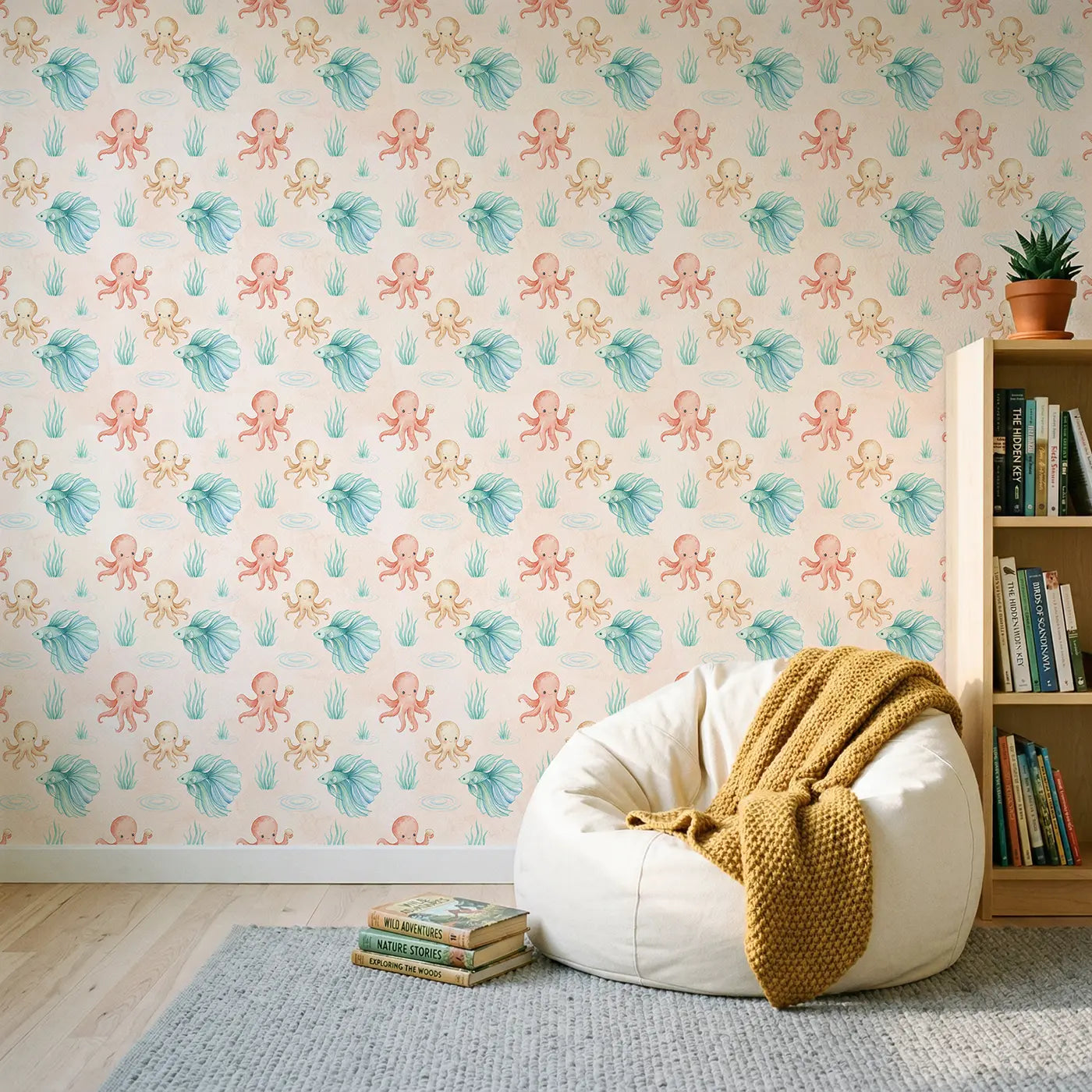 Octopus Holding Tiny Watercolor III wallpaper in Scandinavian nursery - Whimsy Tots