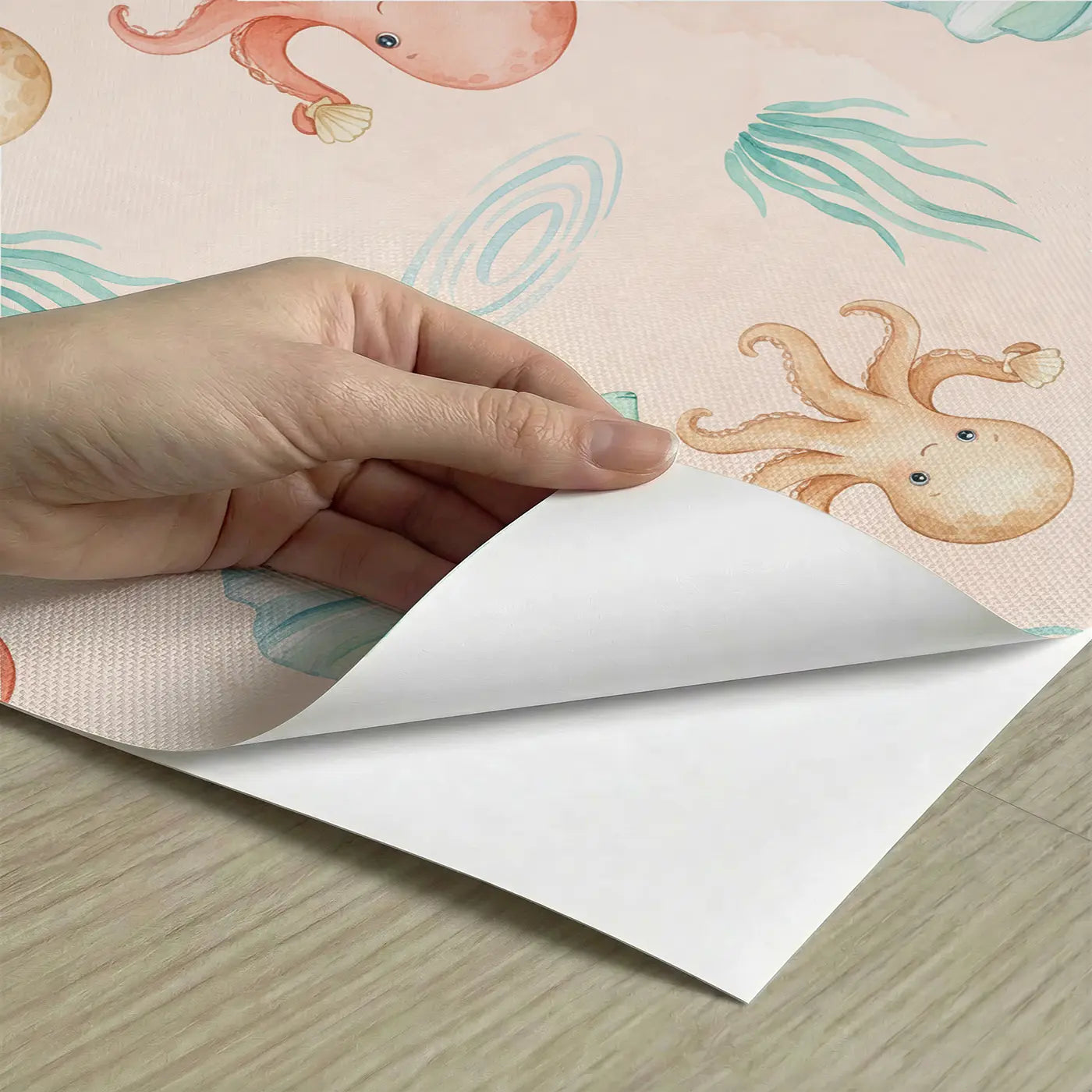 Octopus Holding Tiny Watercolor III peel and stick material close-up - Whimsy Tots