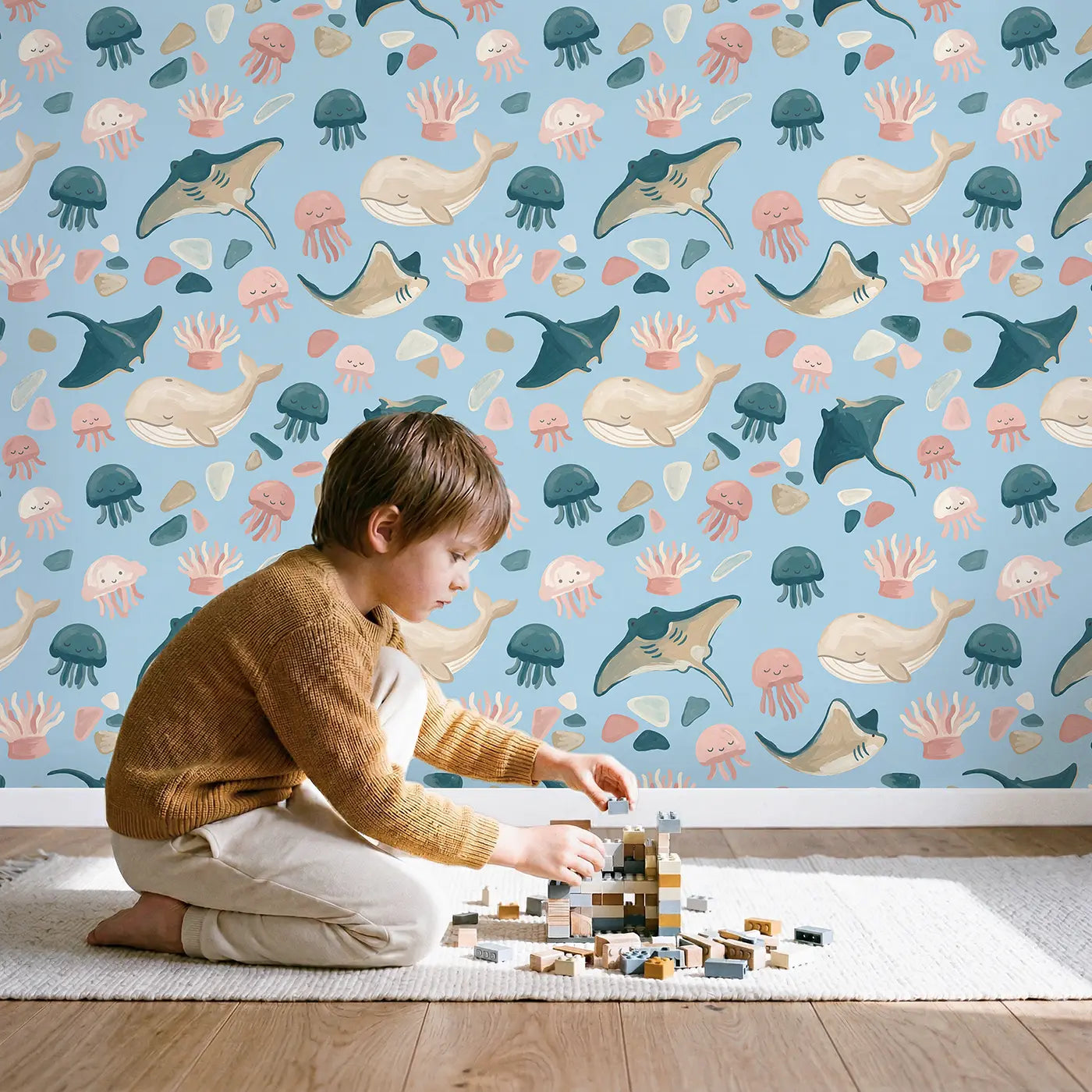 Sleeping Whale Modern Illustration wallpaper in styled kids room - Whimsy Tots