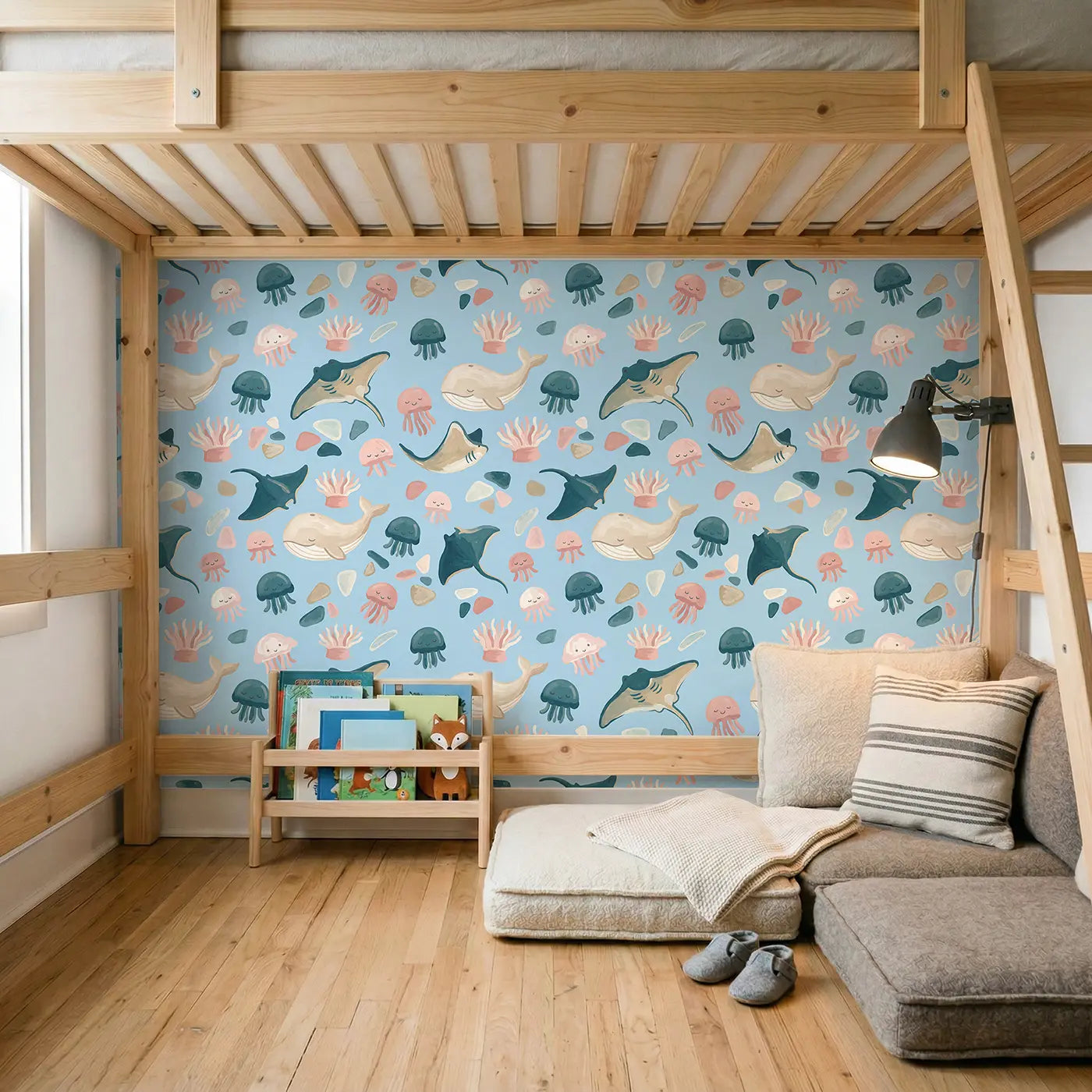 Sleeping Whale Modern Illustration wallpaper in Scandinavian nursery - Whimsy Tots