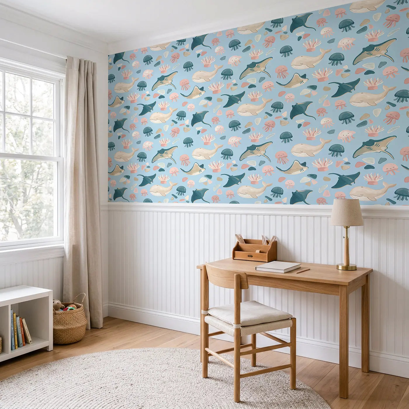 Sleeping Whale Modern Illustration wallpaper above wainscoting - Whimsy Tots