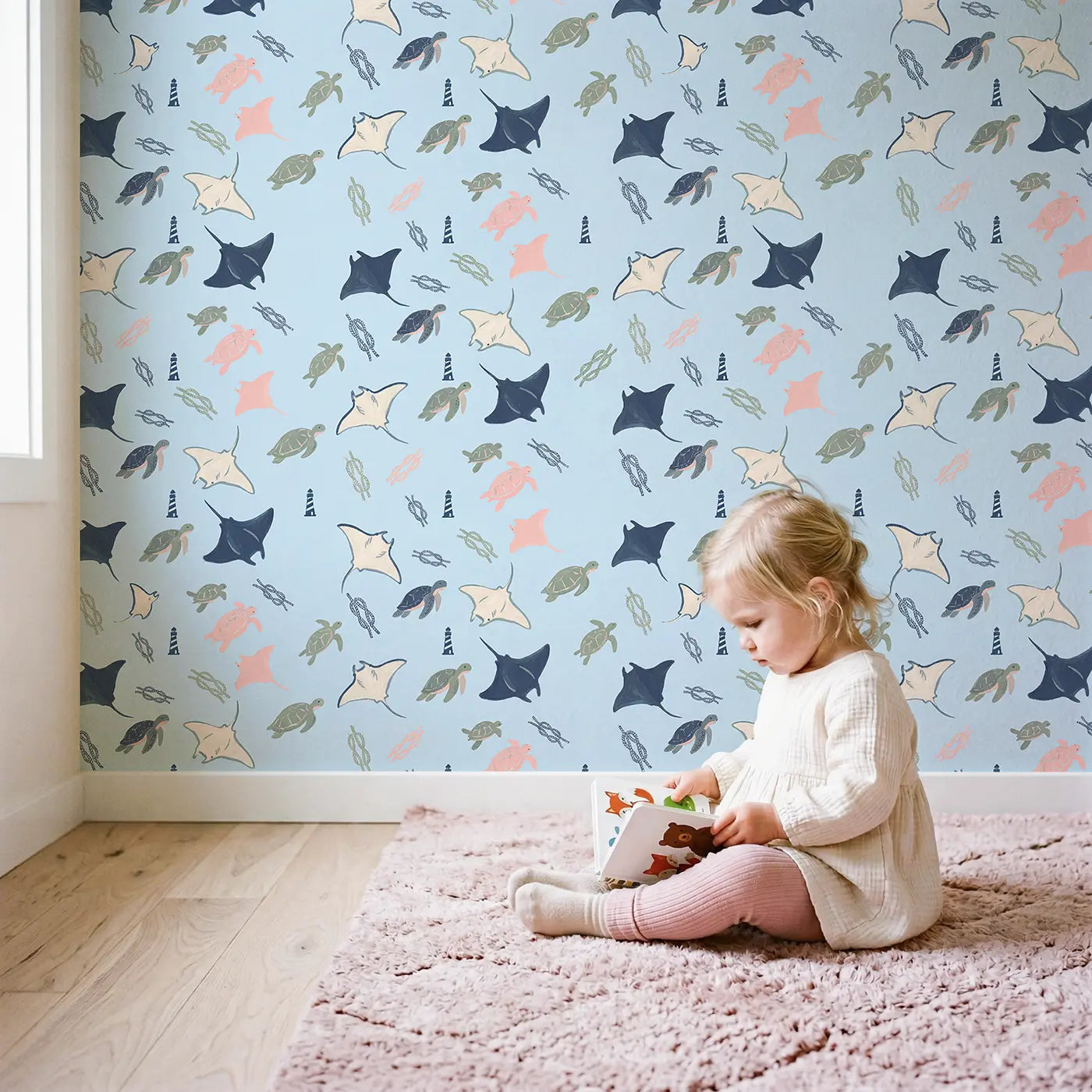 Manta Ray Modern Illustration wallpaper in styled kids room - Whimsy Tots
