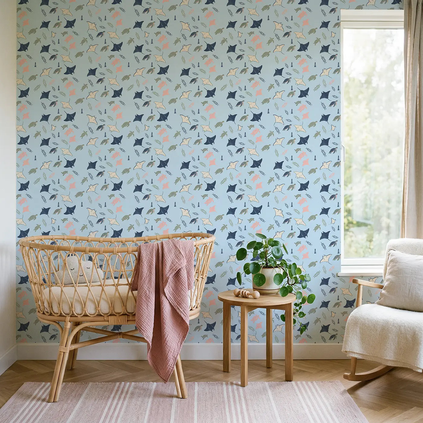 Manta Ray Modern Illustration wallpaper in Scandinavian nursery - Whimsy Tots