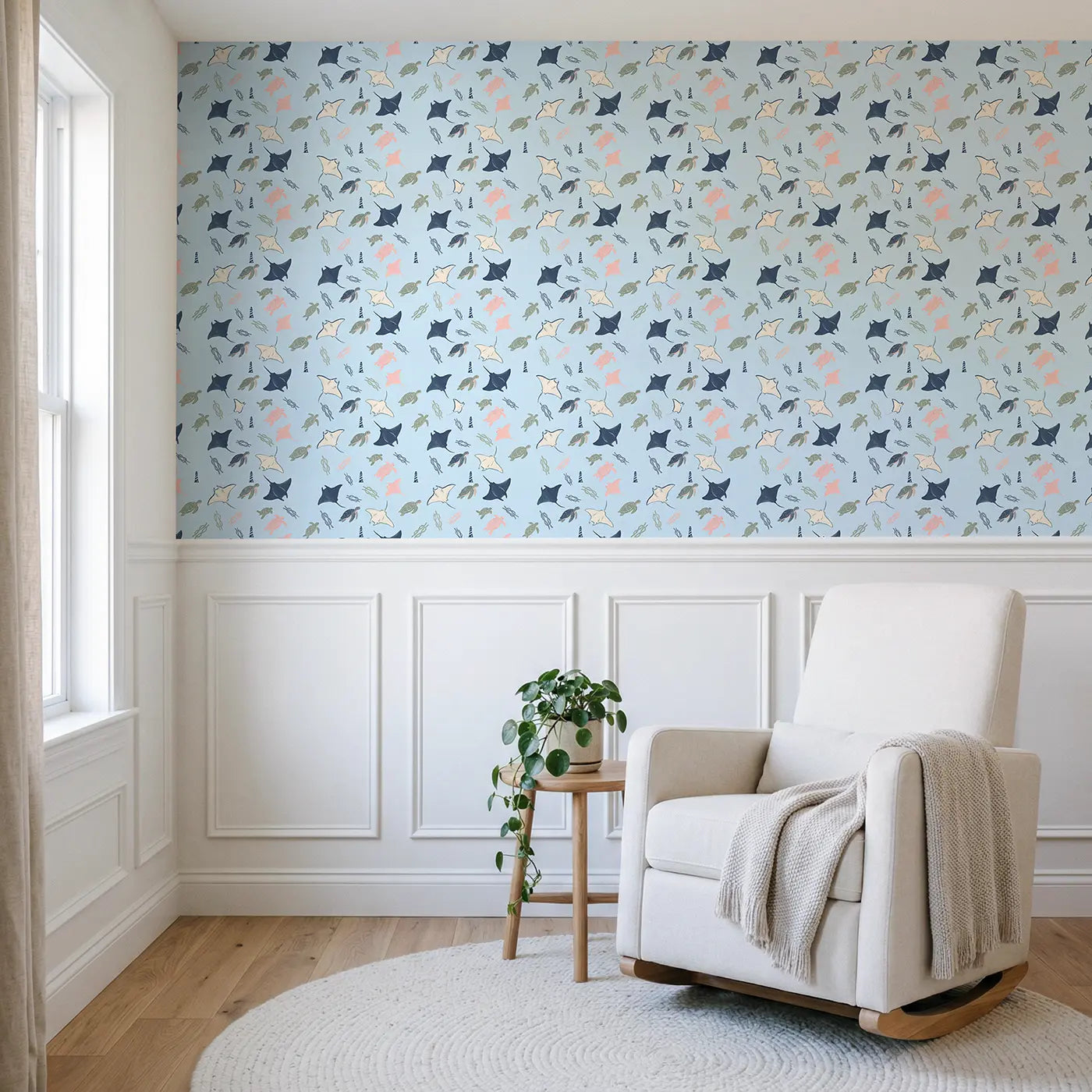 Manta Ray Modern Illustration wallpaper above wainscoting - Whimsy Tots