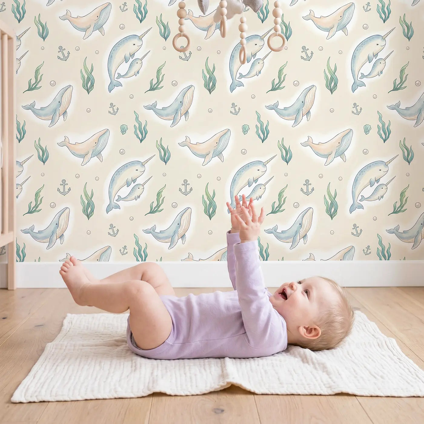 Narwhal Pair Soft Pastel wallpaper in styled kids room - Whimsy Tots