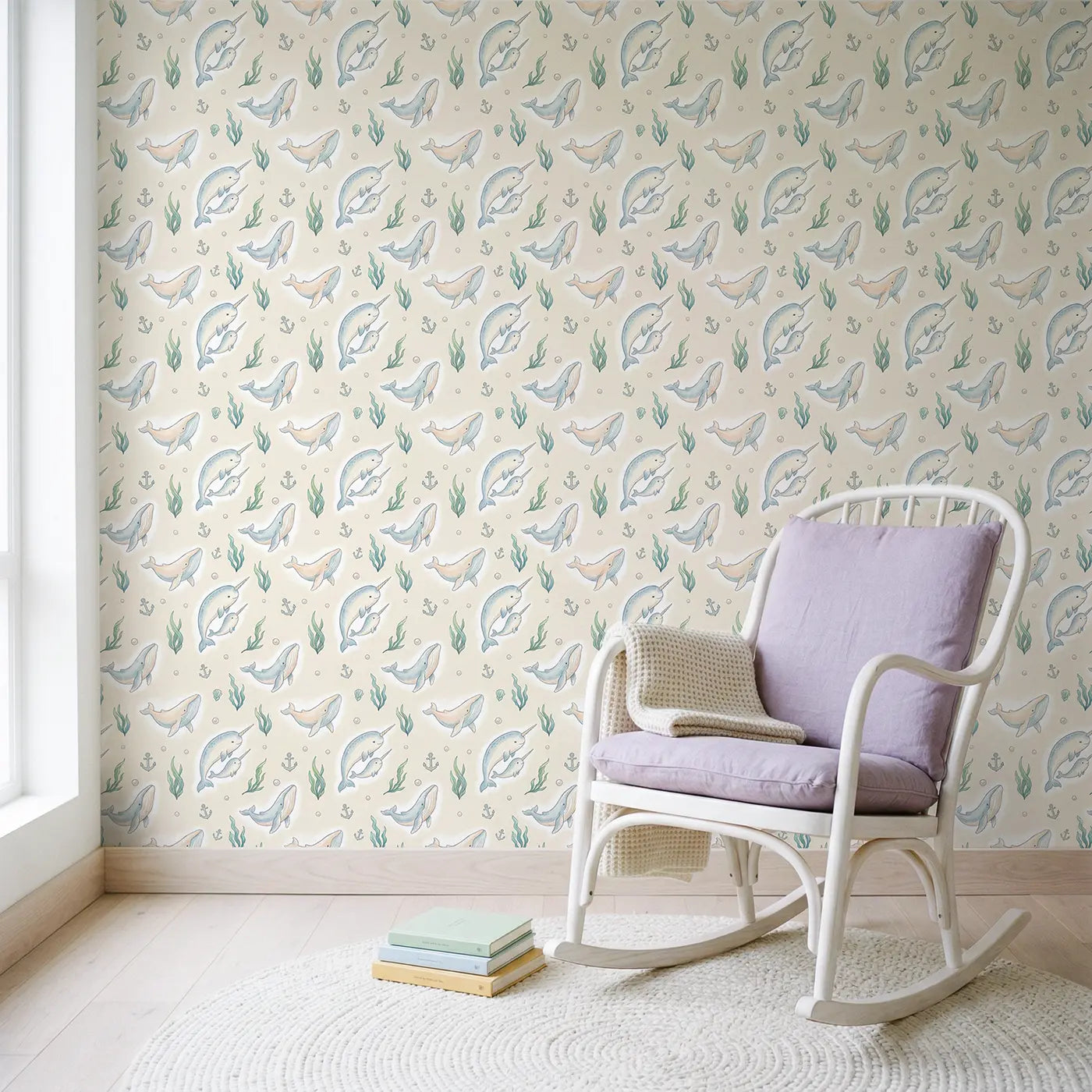Narwhal Pair Soft Pastel wallpaper in Scandinavian nursery - Whimsy Tots